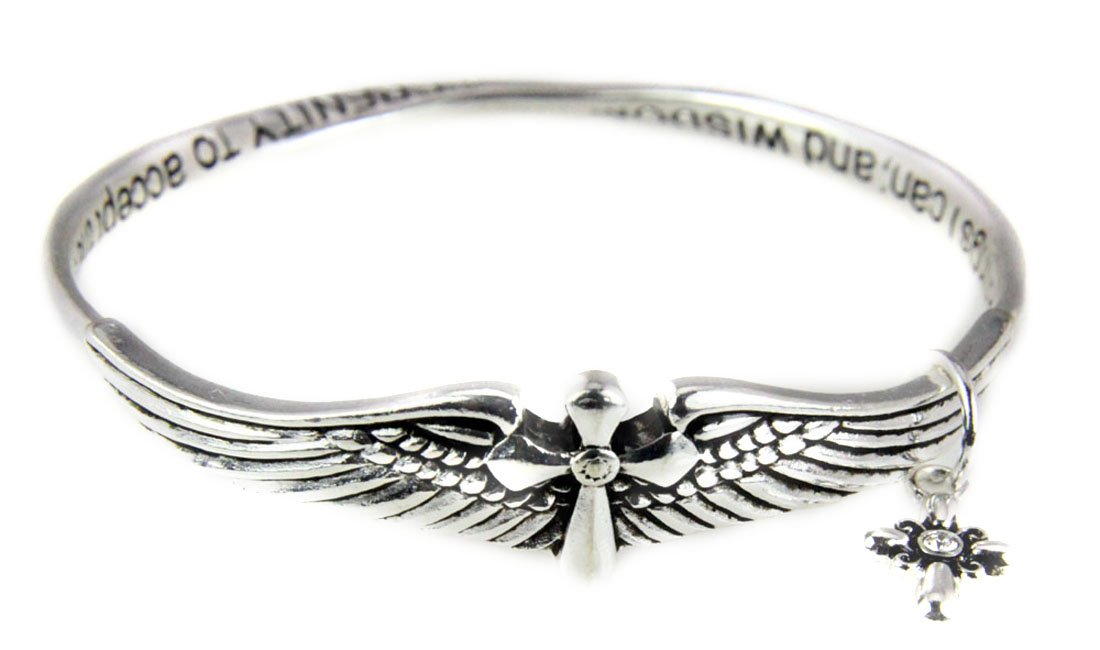 Serenity Prayer Twisted Bangle Bracelet with Cross & Angel Wings - AA One Day at a Time - Inspirational Jewelry for Women, Daily Encouragement Gift for Recovery & Faith