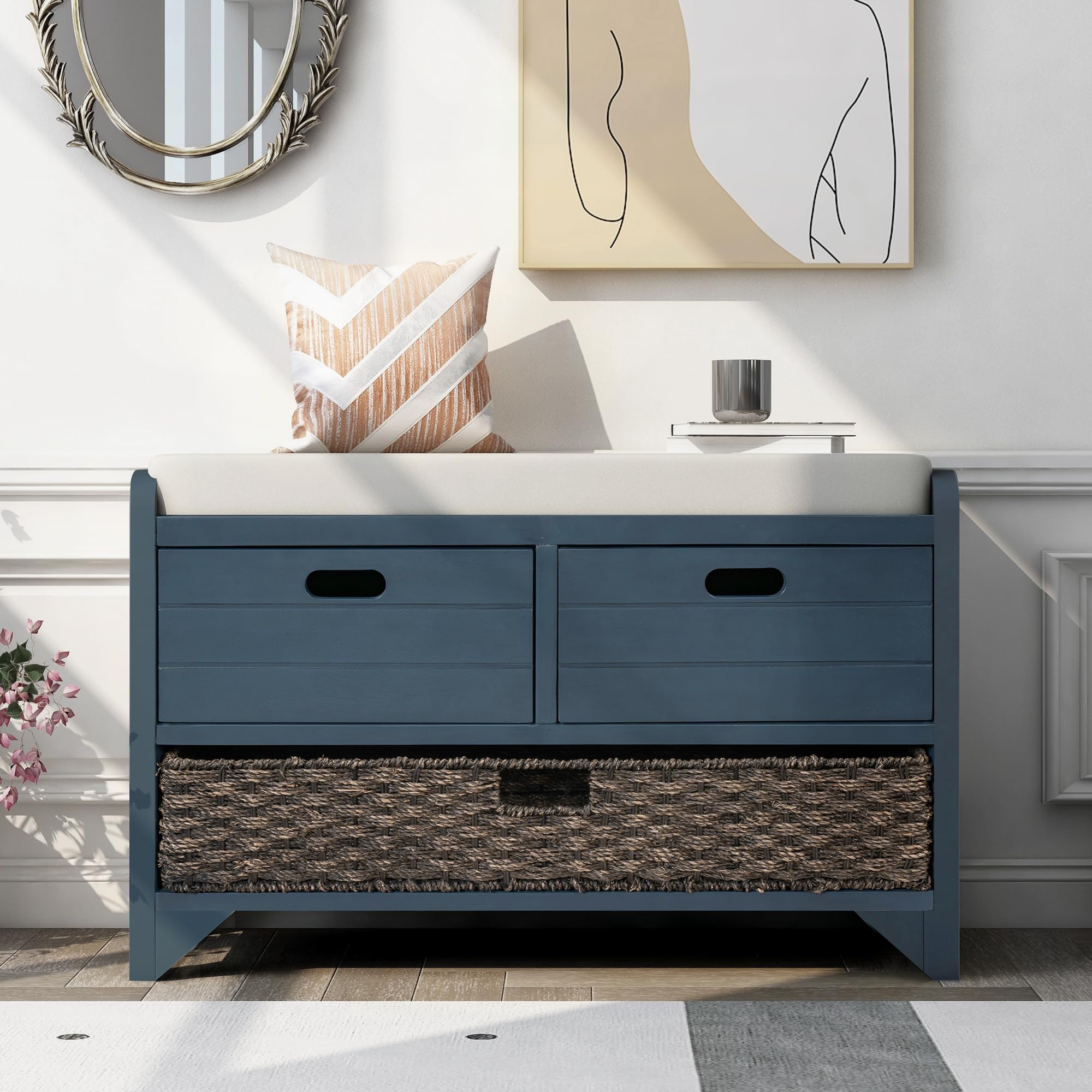 SOFTSEA Upholstered Storage Bench with Removable Basket & 2 Drawers - Farmhouse Entryway Shoe Bench with Seat Cushion, Fully Assembled Ottoman for Living Room, Bedroom, Hallway - Navy Blue Home Organization Solution