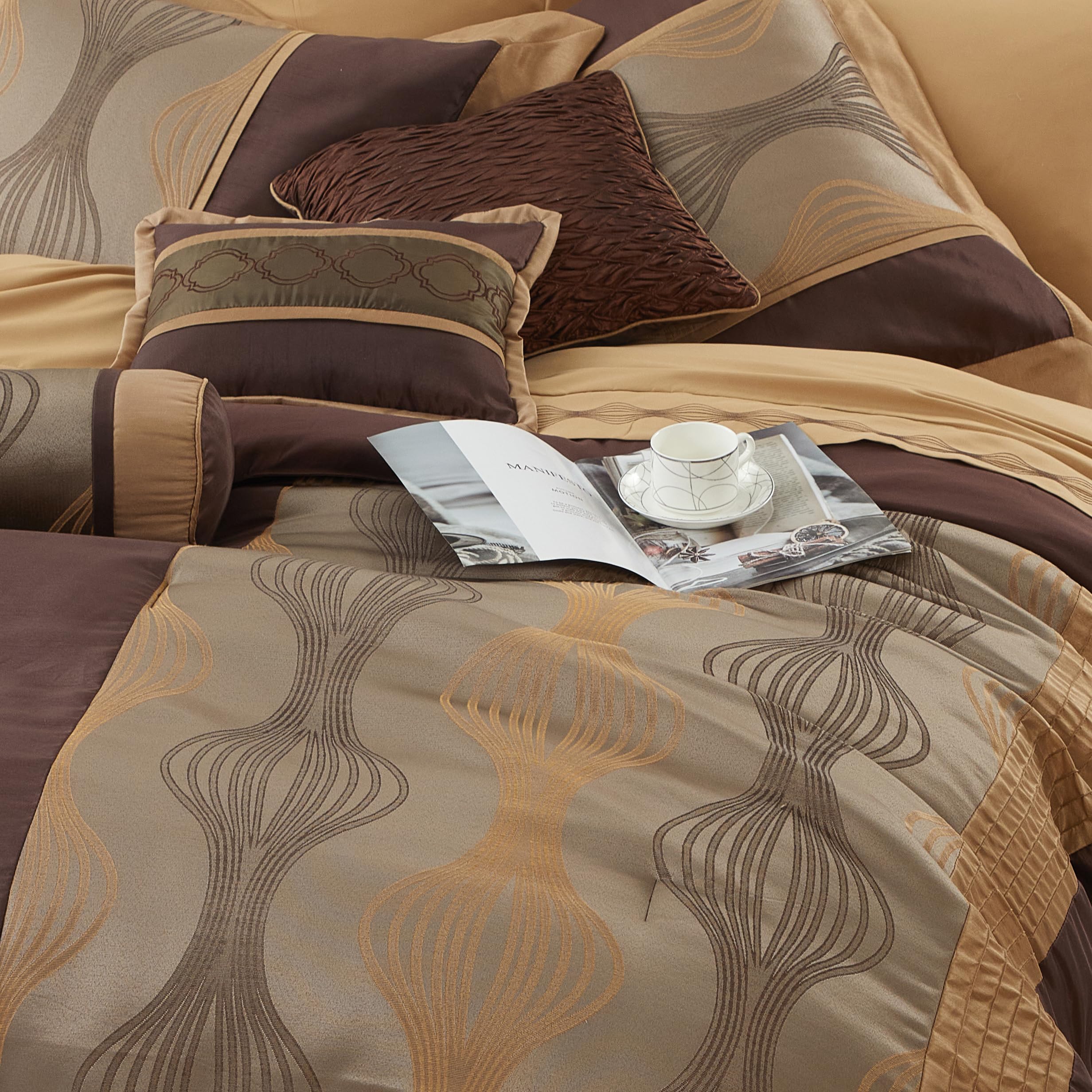 Grand Avenue Elegant Brown 7-Piece Queen Comforter Set - Striped Jacquard All-Season Bedding with Decorative Pillows & Shams | Perfect for Master Bedroom, Guest Room & Cozy Home Decor