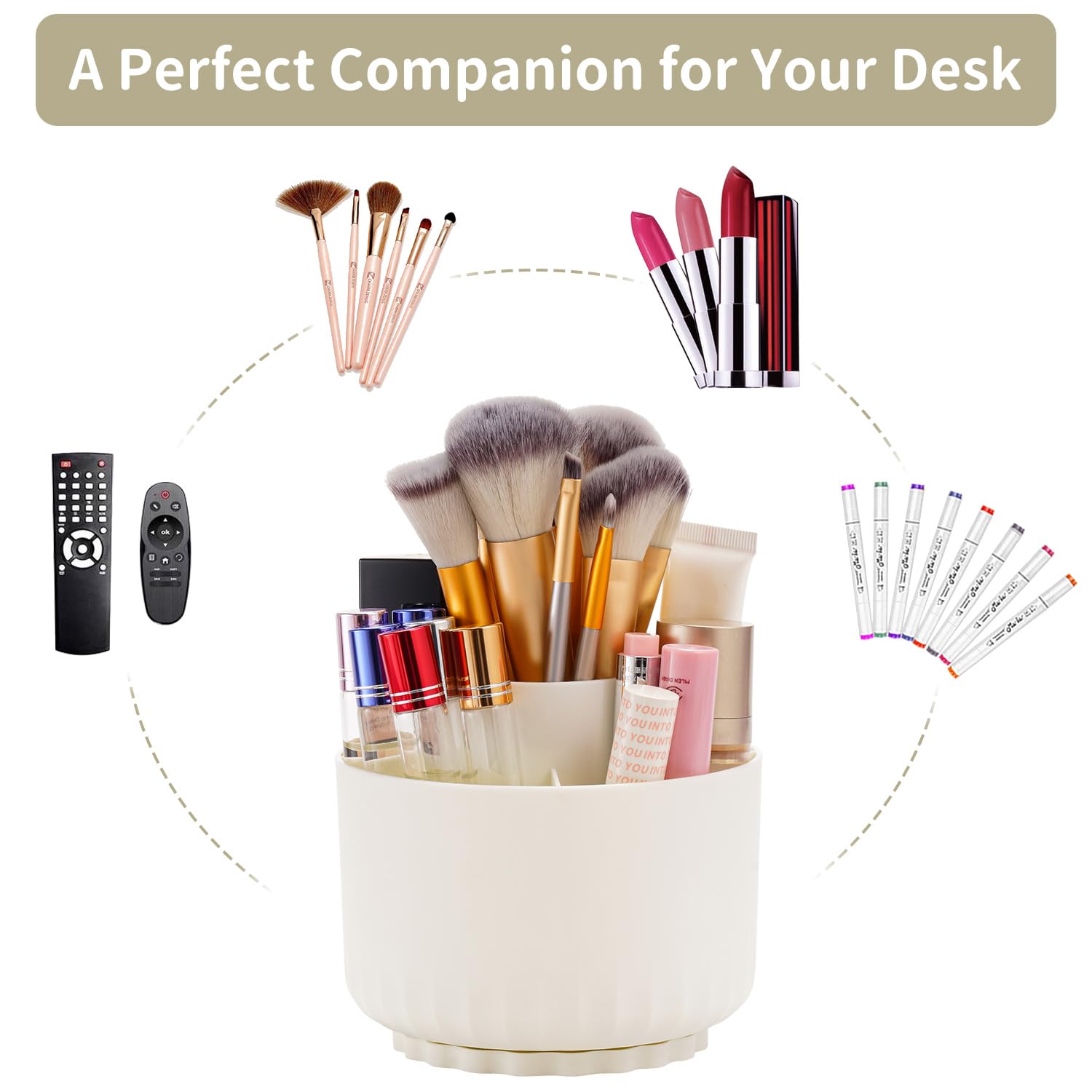 360° Rotating Desk Organizer with 5 Compartments - Marbrasse Pen & Pencil Holder for Office & Home, Art Supply Storage Caddy - Perfect for Workspace Organization & School Supplies (Beige)