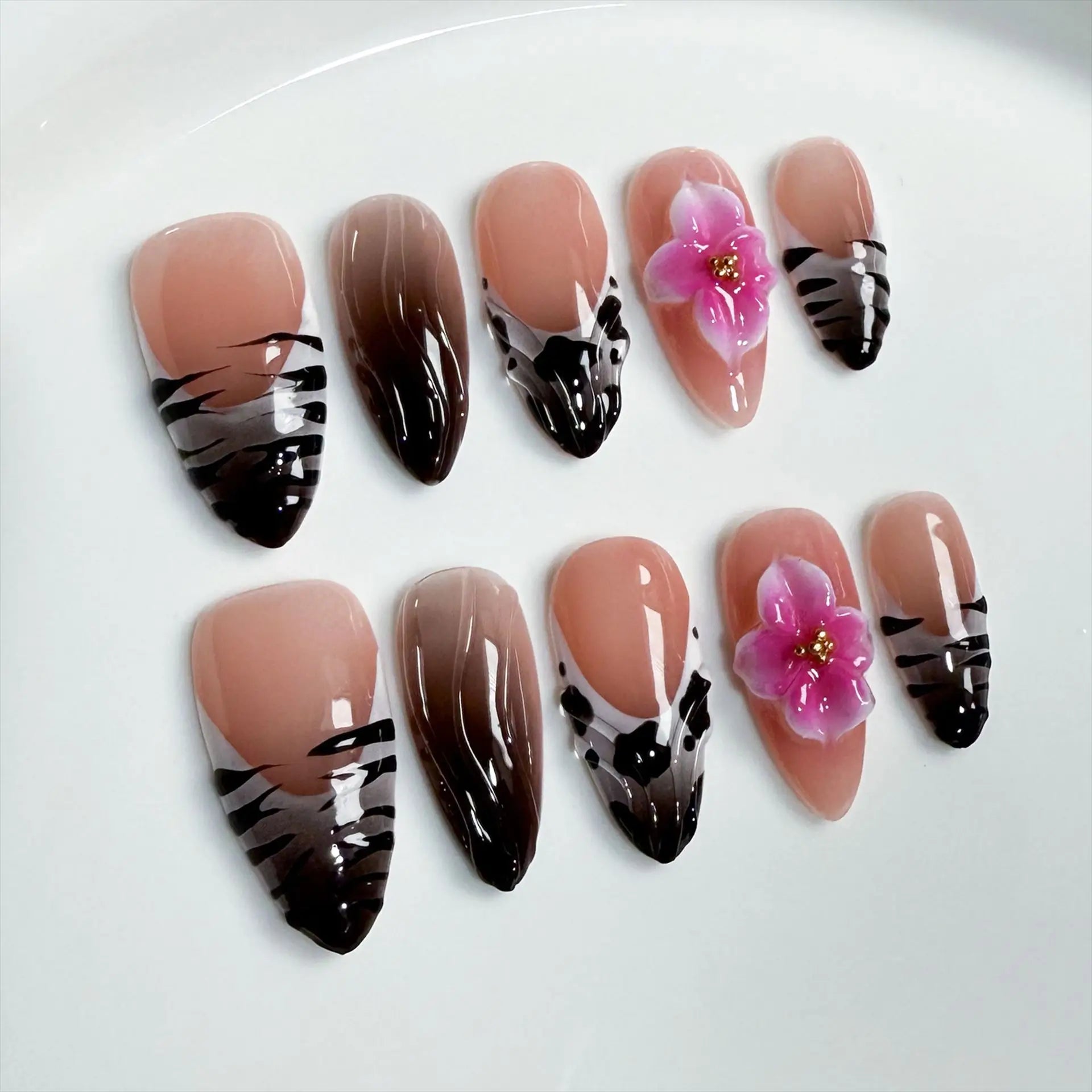 10Pcs Almond Press on Nails - Leopard Print & 3D Flower French Fake Nails - Artificial Acrylic Manicure Tips for Women - Perfect for Parties, Weddings & Daily Beauty Wear