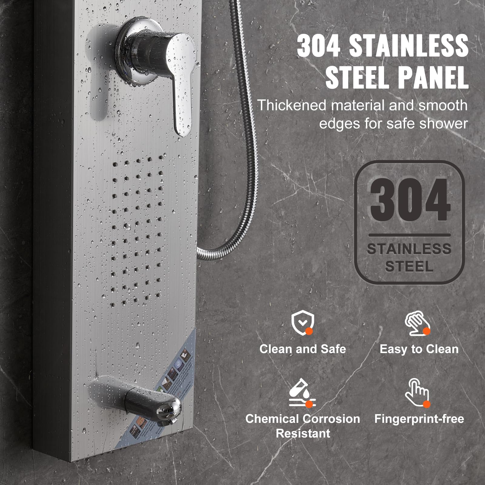 VEVOR Stainless Steel Shower Panel System with 5 Shower Modes - LED Rainfall Shower Head, Waterfall, 2 Body Massage Jets, Tub Spout & Handheld Shower with 59