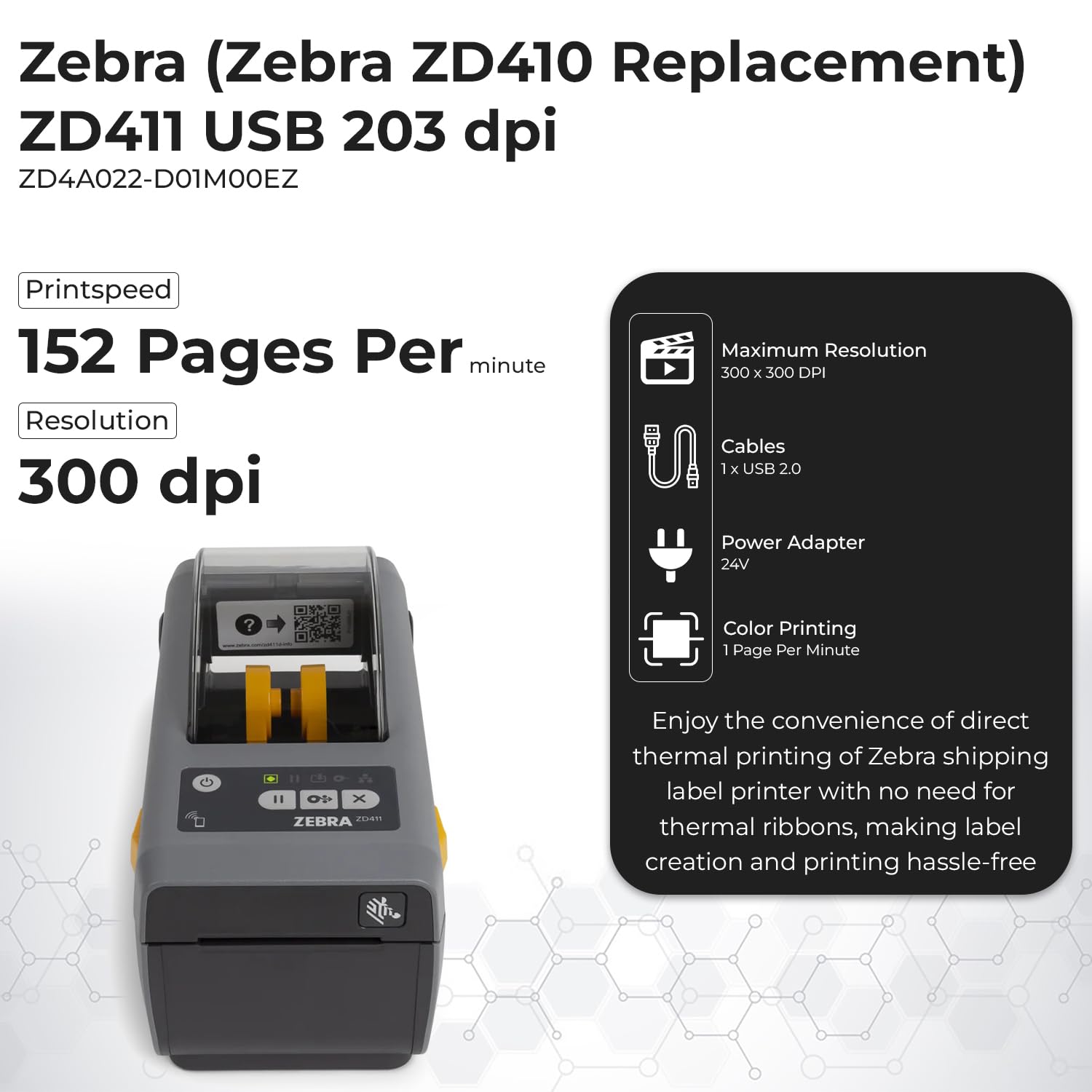 Zebra ZD411 Direct Thermal Label Printer (Replacement for ZD410) - USB Host, 2.25