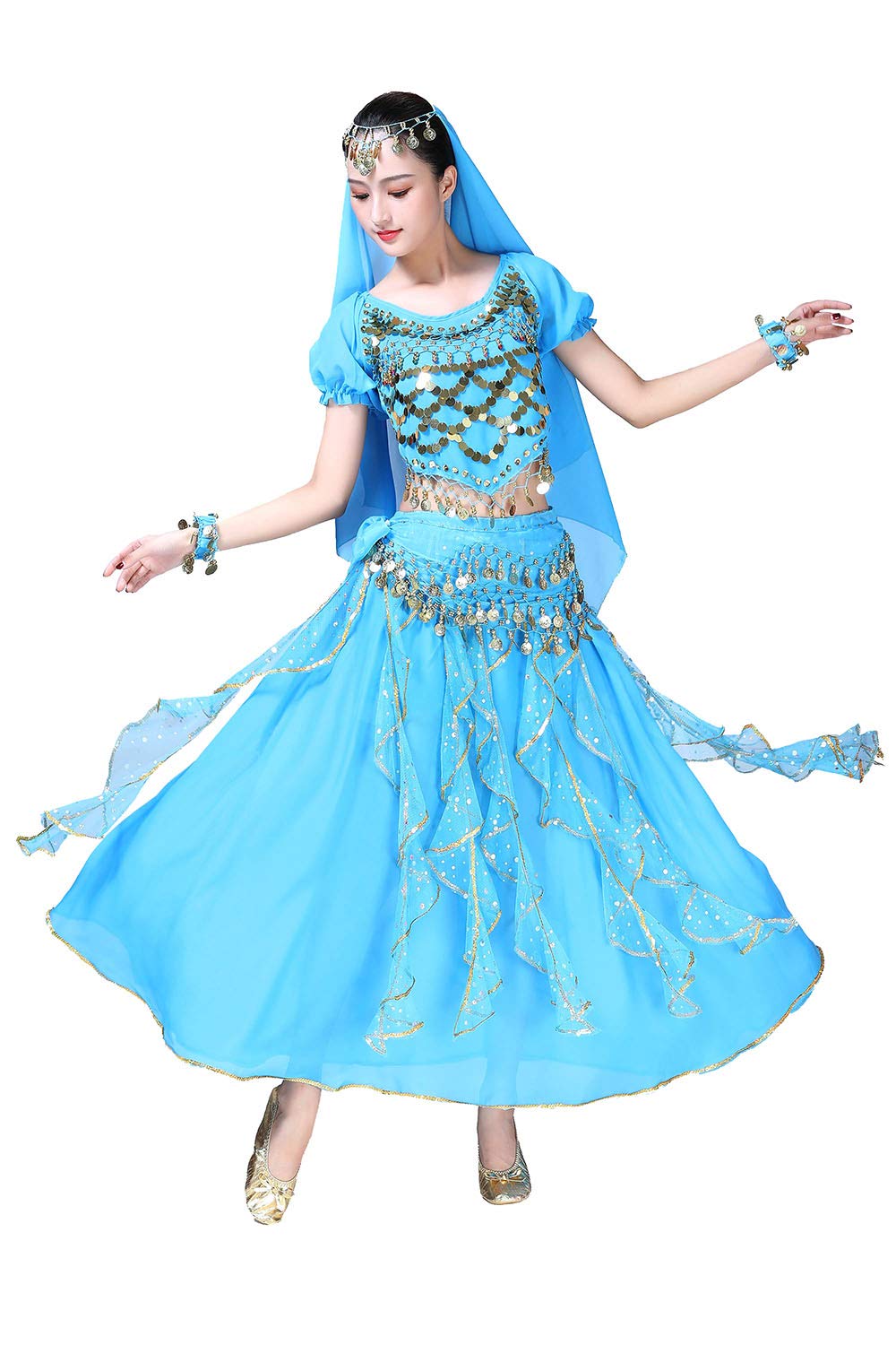 ORIDOOR Women's 5-Piece Belly Dance Costume Set - Chiffon Skirt & Shiny Top for Bollywood, Halloween, and Performance Outfits | Perfect for Dance Shows, Parties, and Cultural Events
