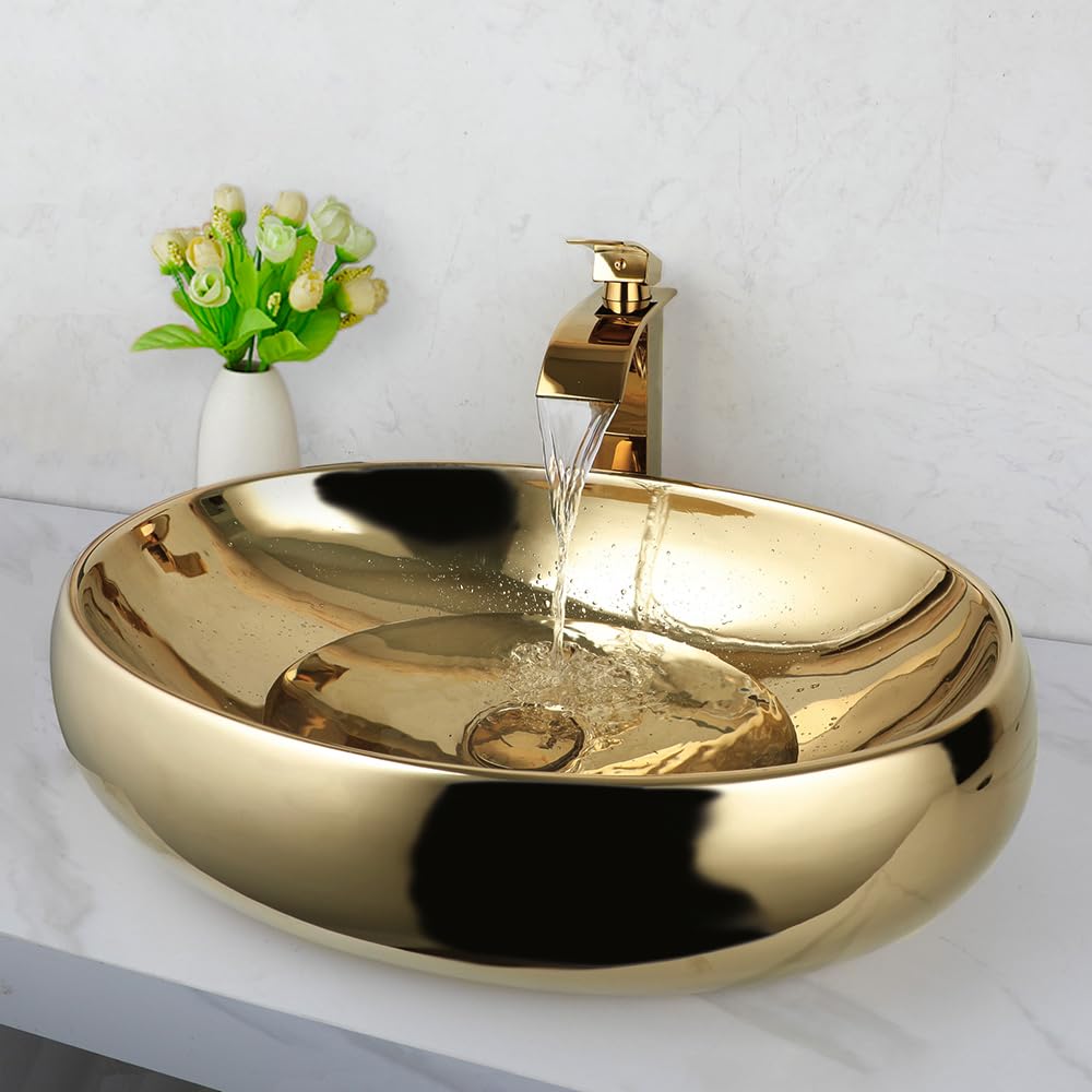 23 Inch Gold Ceramic Vessel Sink with Waterfall Faucet & Pop-Up Drain - Modern Oval Bathroom Sink Basin for Above Counter Installation - Perfect for Spa, Master Bath & Luxury Home Decor