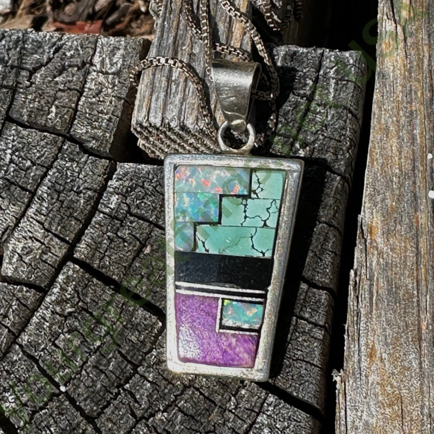 Southwestern Sterling Silver Double Sided Channel Inlay Necklace - Handcrafted Jewelry for Women, Boho Chic Style, Perfect for Casual Wear & Special Occasions