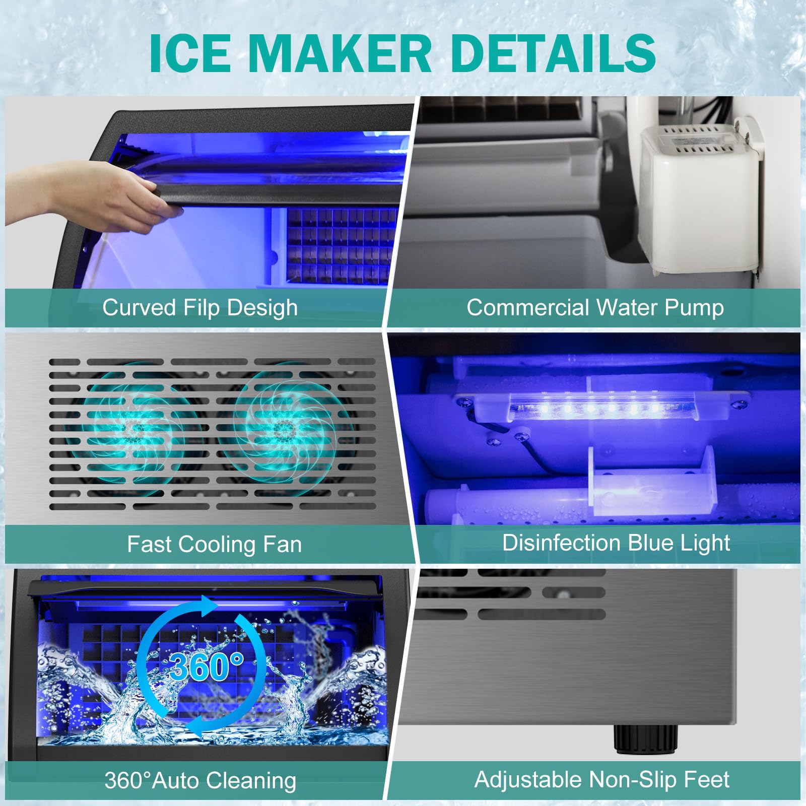 Commercial Ice Maker Machine 150lbs/24H with 45Lbs Storage Bin - Fast 8-Minute Ice Production, Freestanding Countertop Ice Machine for Home, Bar, Office, Restaurant - Perfect for Cocktails, Beverages & Food Preservation