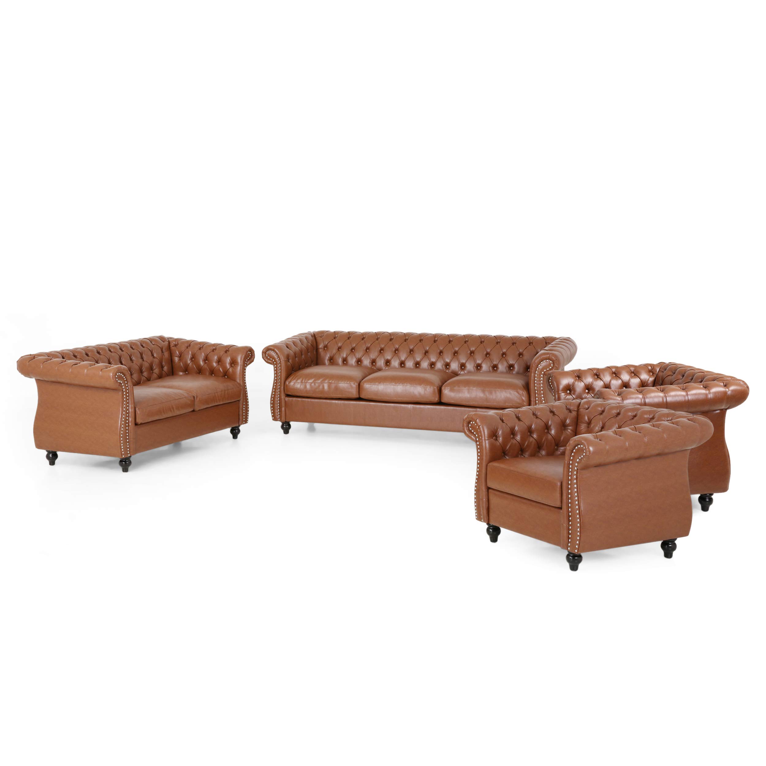 Christopher Knight Home Stephanie Traditional Chesterfield 4-Piece Living Room Set in Cognac & Dark Brown - Perfect for Classic Living Rooms, Offices & Cozy Home Decor