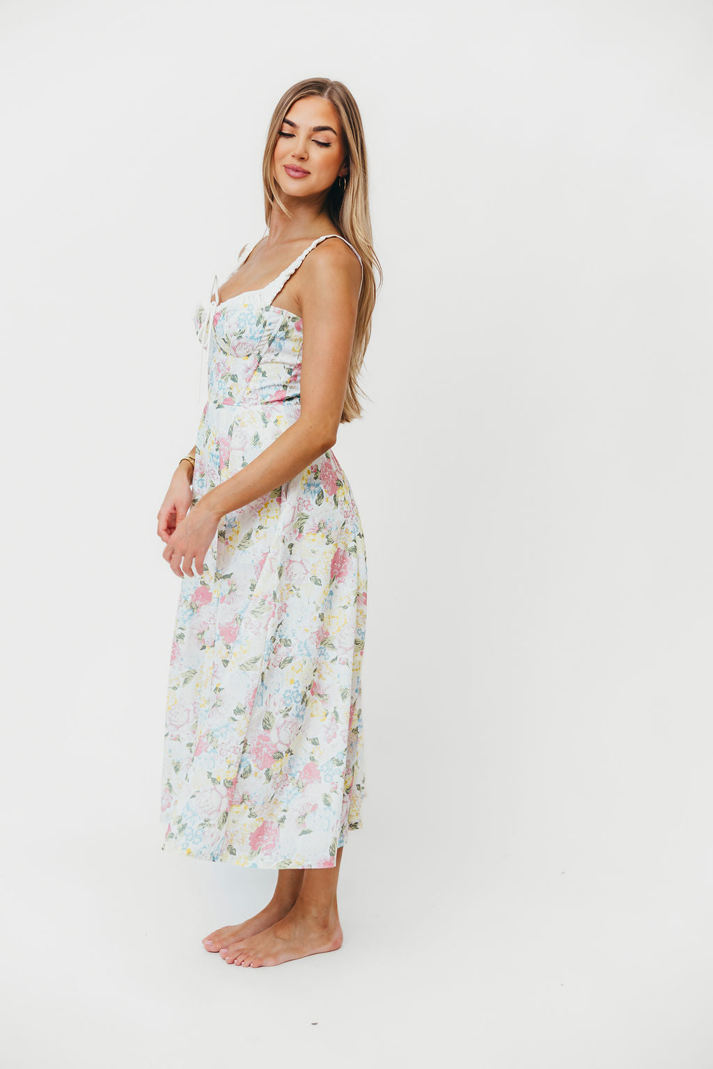 Pink Lady Floral Bustier Midi Sundress - Women's Summer Dress with Adjustable Straps & Side Pockets | Perfect for Beach Vacations, Garden Parties & Date Nights