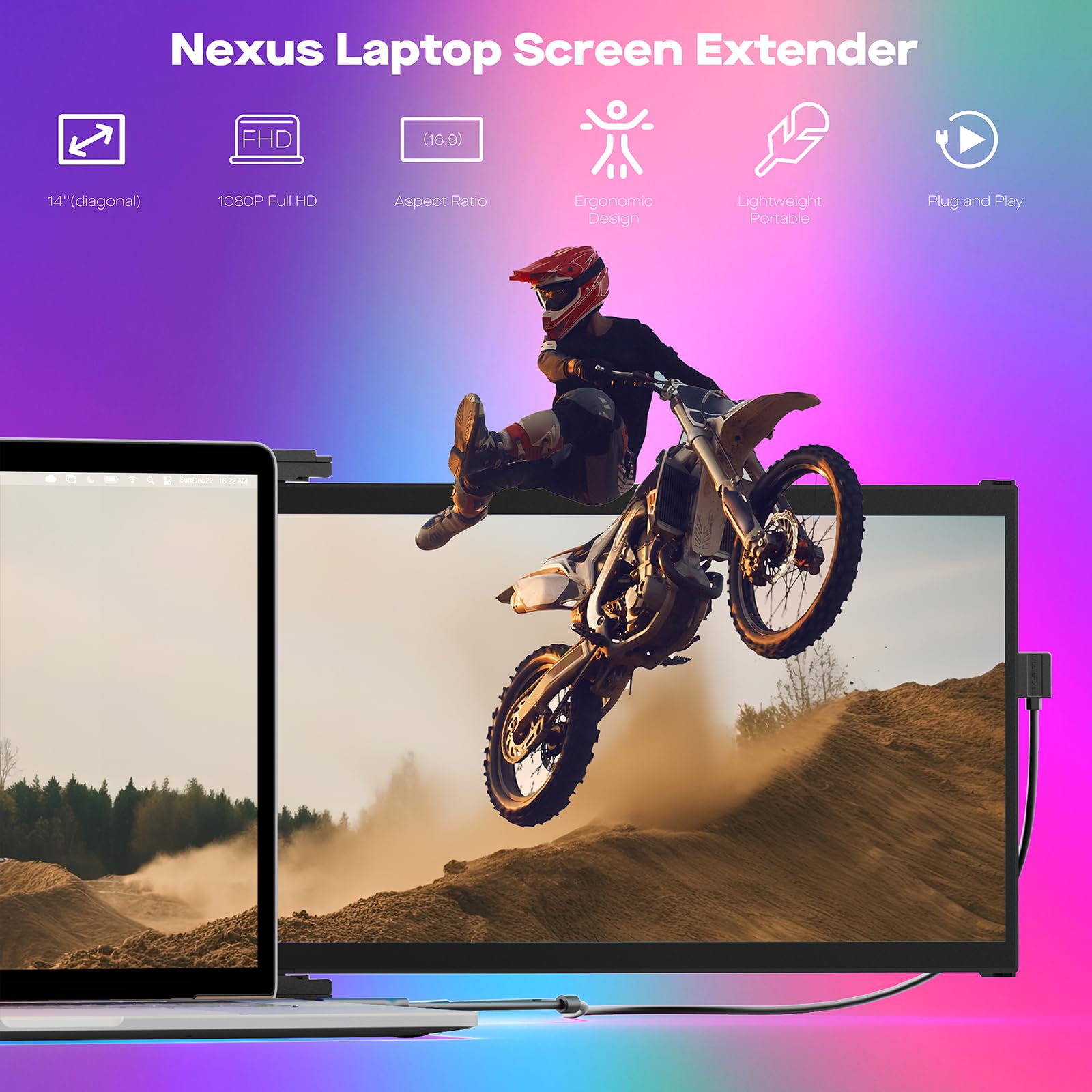 14'' Nexus Portable Laptop Screen Extender | Plug & Play Dual Monitor for 14-17 Inch Laptops | Compatible with Windows, Mac, Android & Nintendo Switch | Black | Perfect for Remote Work, Gaming & Multitasking