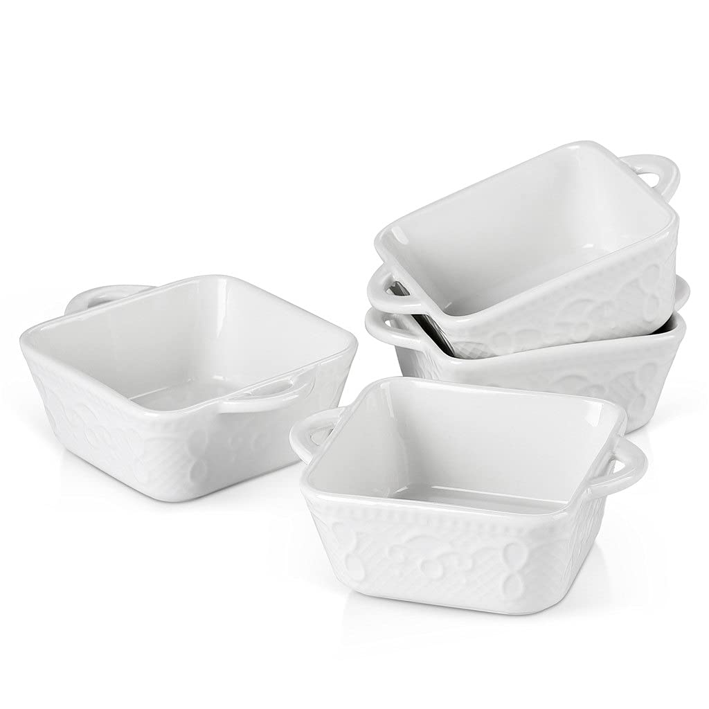4/8-Piece 305ML White Ceramic Baking Dish Set with Handles - Oven Safe Souffle, Brulee, Pie & Tapas Cookware for Home Bakers (Perfect for Desserts, Casseroles & Party Appetizers)