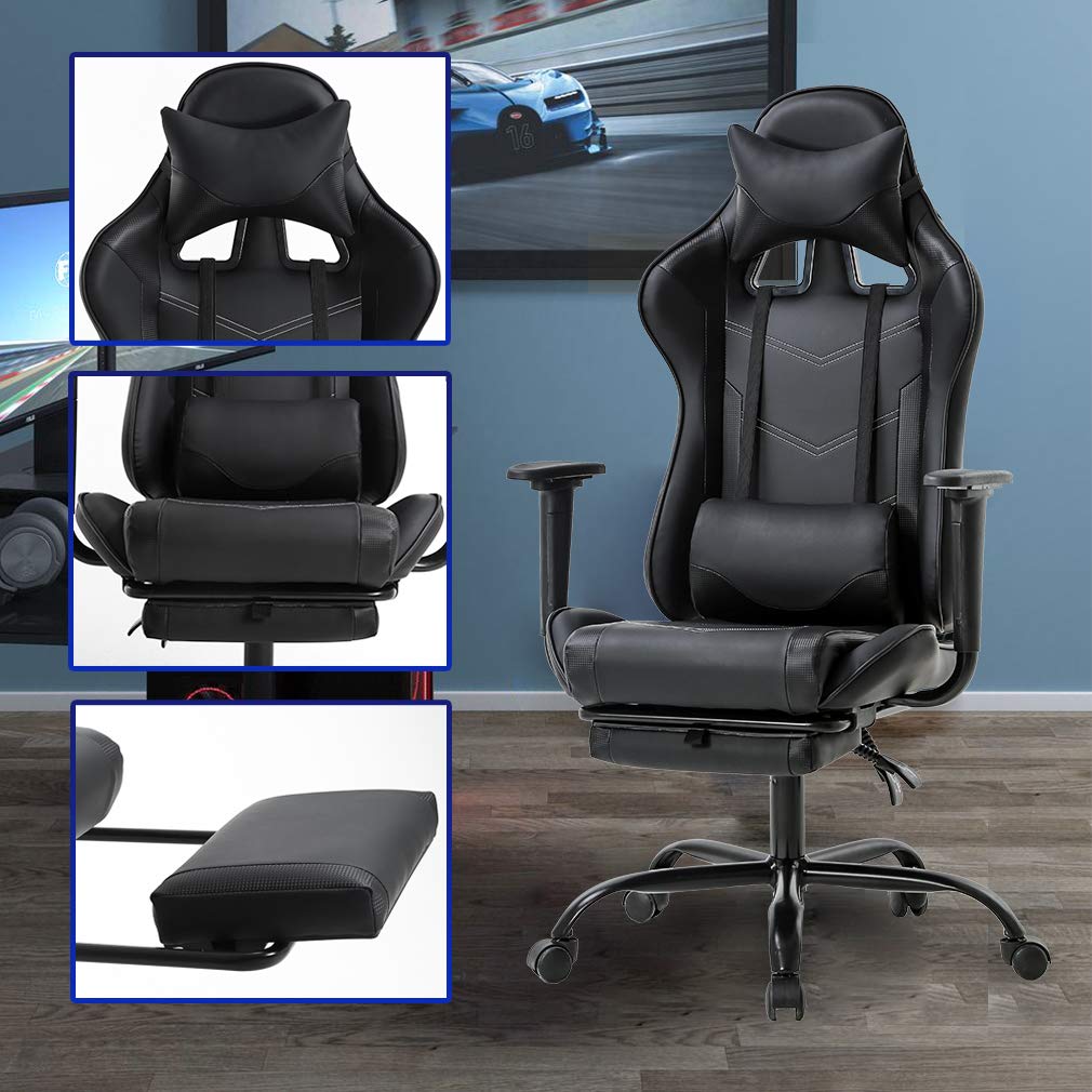Ergonomic Gaming Chair with Lumbar Support & Headrest - PU Leather Racing Office Desk Chair for Adults - Adjustable Swivel Computer Task Chair with Footrest & Massage Function - Perfect for Home Office, Gaming Setup & Workstation (Black)