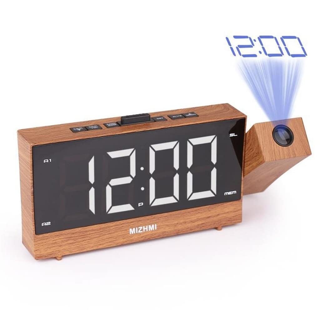 YSYSPJM Wooden LED Projection Alarm Clock with Digital Display, Adjustable Sleep Timer & Night Light - 19.8x2.8x8.7cm Desktop Clock for Bedroom, Office, Travel and Gift Giving
