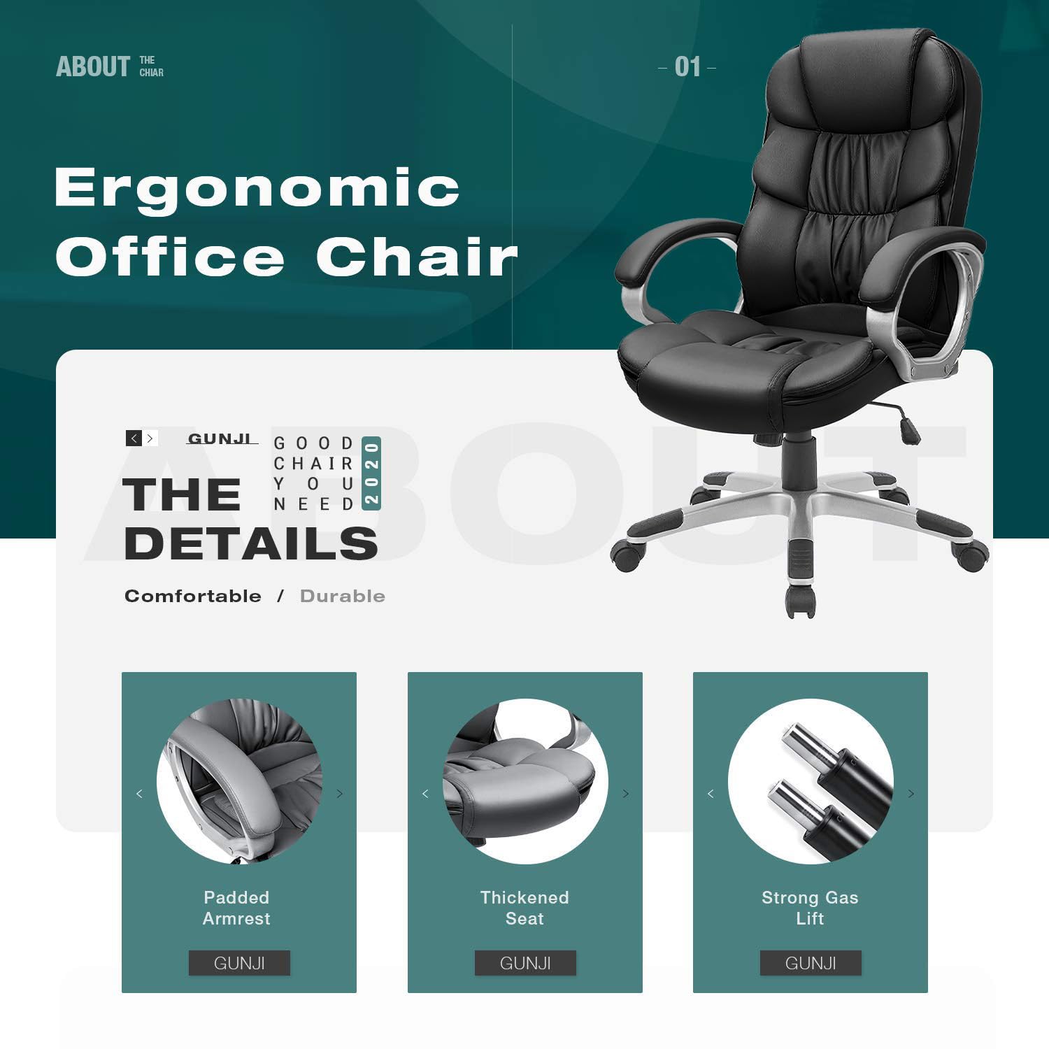 GUNJI Ergonomic Office Chair - High Back PU Leather Executive Desk Chair with Adjustable Height, Swivel & Lumbar Support - Modern Computer Chair for Home & Office Workspace (Black)
