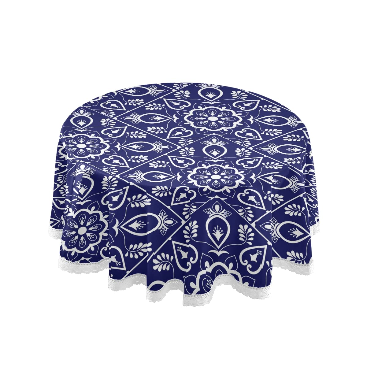 KLL Delft Dutch Tile Pattern Round Tablecloth 60 Inch - Blue and White Ornamental Polyester Table Cover with Lace Trim | Washable & Durable for Dining Room, Holiday Christmas Party, Picnic, Kitchen Decor, Wedding & Outdoor Events