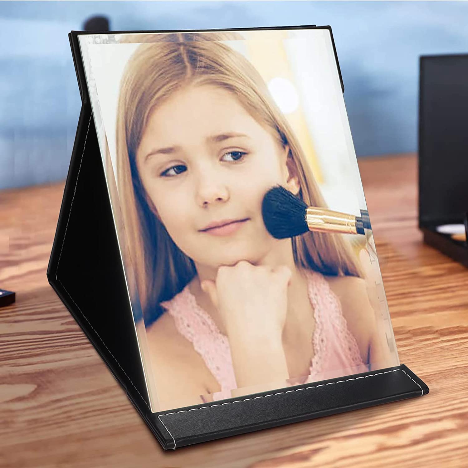 TOMATUS® Portable Folding Mirror - Adjustable Makeup Mirror with Stand for Vanity, Office Desk & Travel | Compact Black Design | Perfect for Home, Hotel & On-the-Go Touch Ups (Pack of 1)