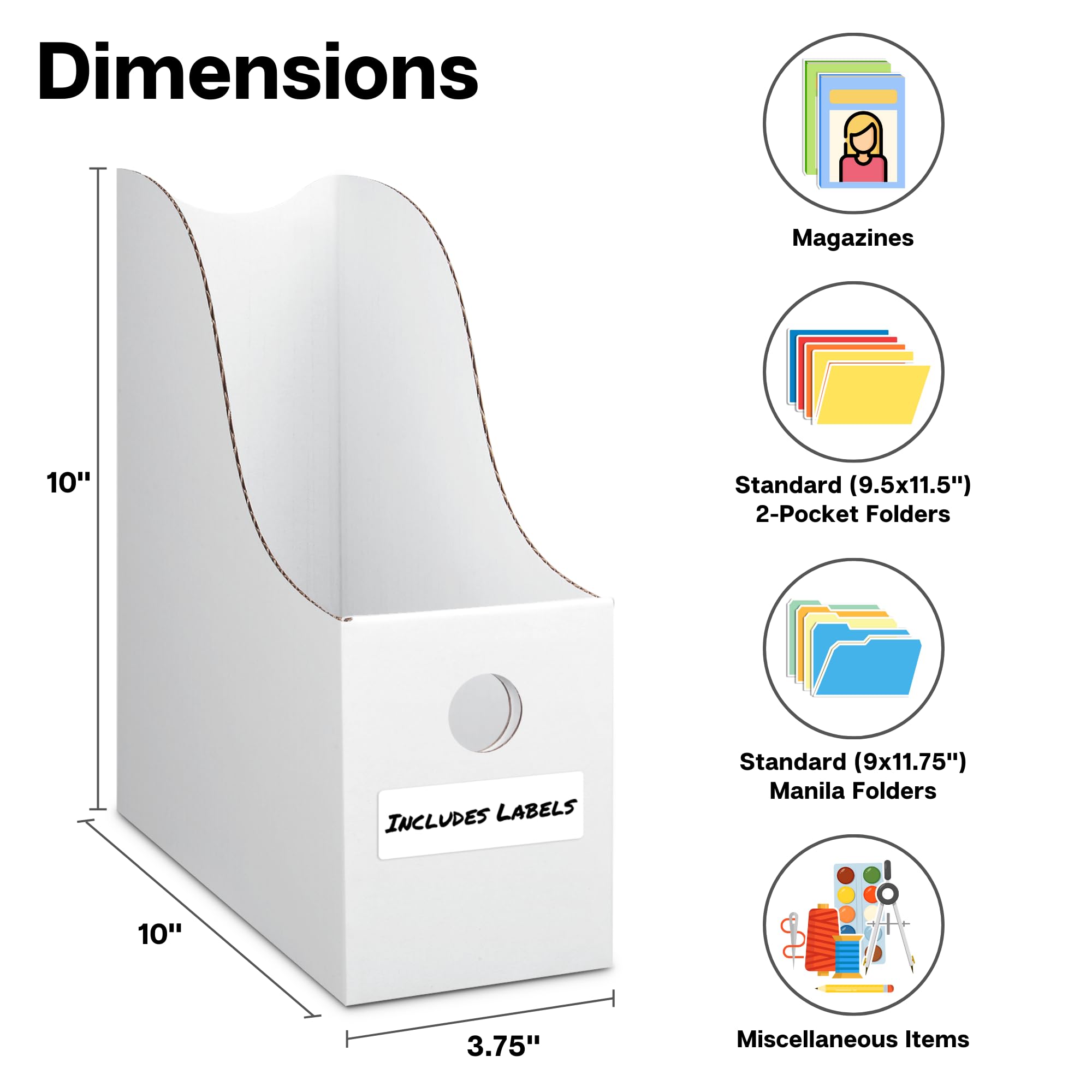 Dunwell White Magazine File Holder (6 Pack) - Sturdy Cardboard Magazine Organizer, Vertical File Folder Holder for Office, Desk or Classroom - Perfect for Books, Documents, Office Supplies & School Materials Storage
