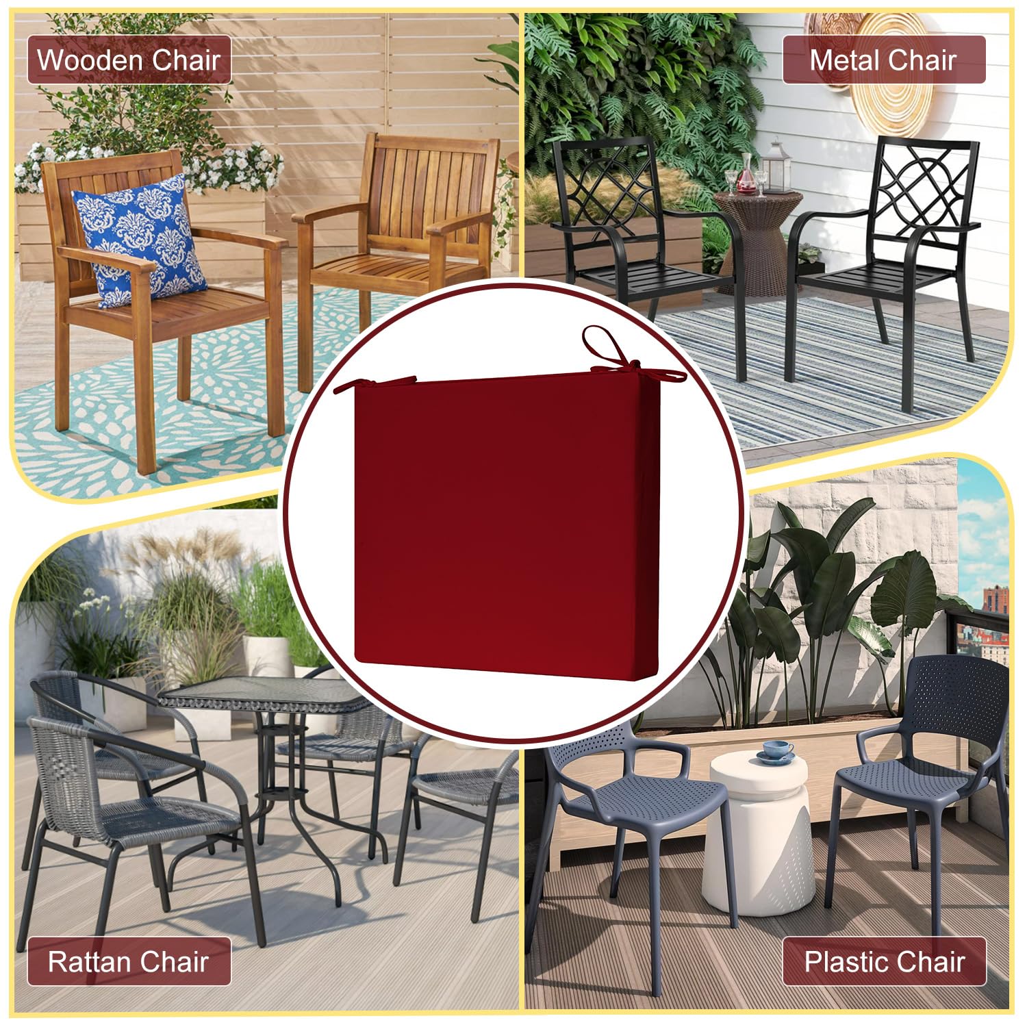 LOVTEX Waterproof Outdoor Chair Cushions Set of 6 - 18.5 x 16 x 3 Inch Dark Red Patio Furniture Cushions with Ties - Perfect for Garden, Deck, Poolside & Backyard Relaxation