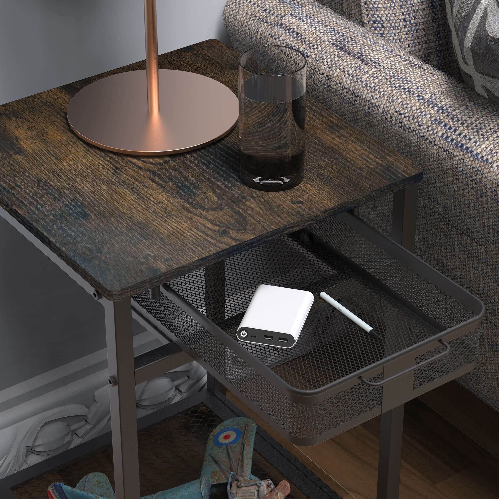 IANIYA Rustic Brown End Table with Grid Storage Drawer - Nightstand, Sofa Side Table for Living Room & Bedroom - Perfect for Small Spaces, Apartment Decor, and Coffee Table Organization