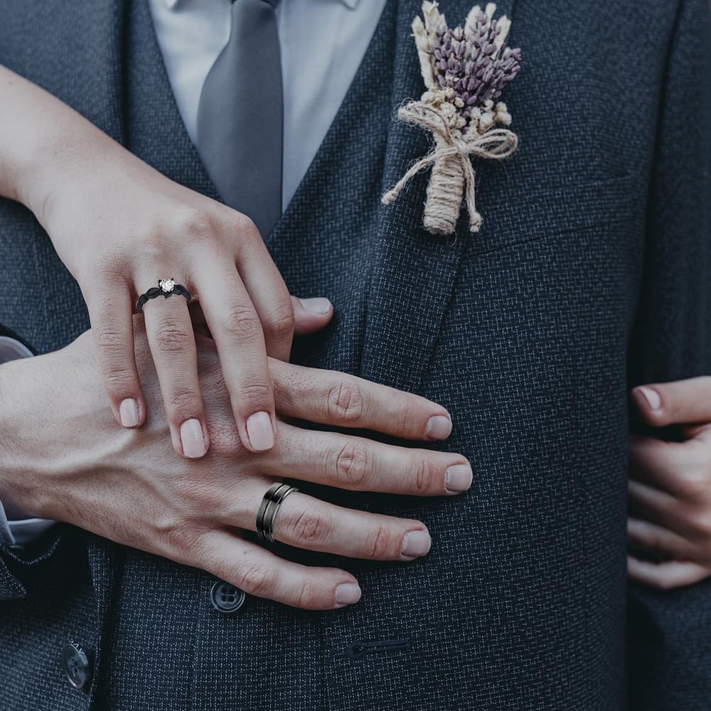 Personalized Matching Couple Rings for Him and Her - Titanium Black Cubic Zirconia Wedding & Engagement Ring Set - Comfort Fit Promise Rings for Women & Men - Perfect for Anniversaries, Proposals and Romantic Gifts