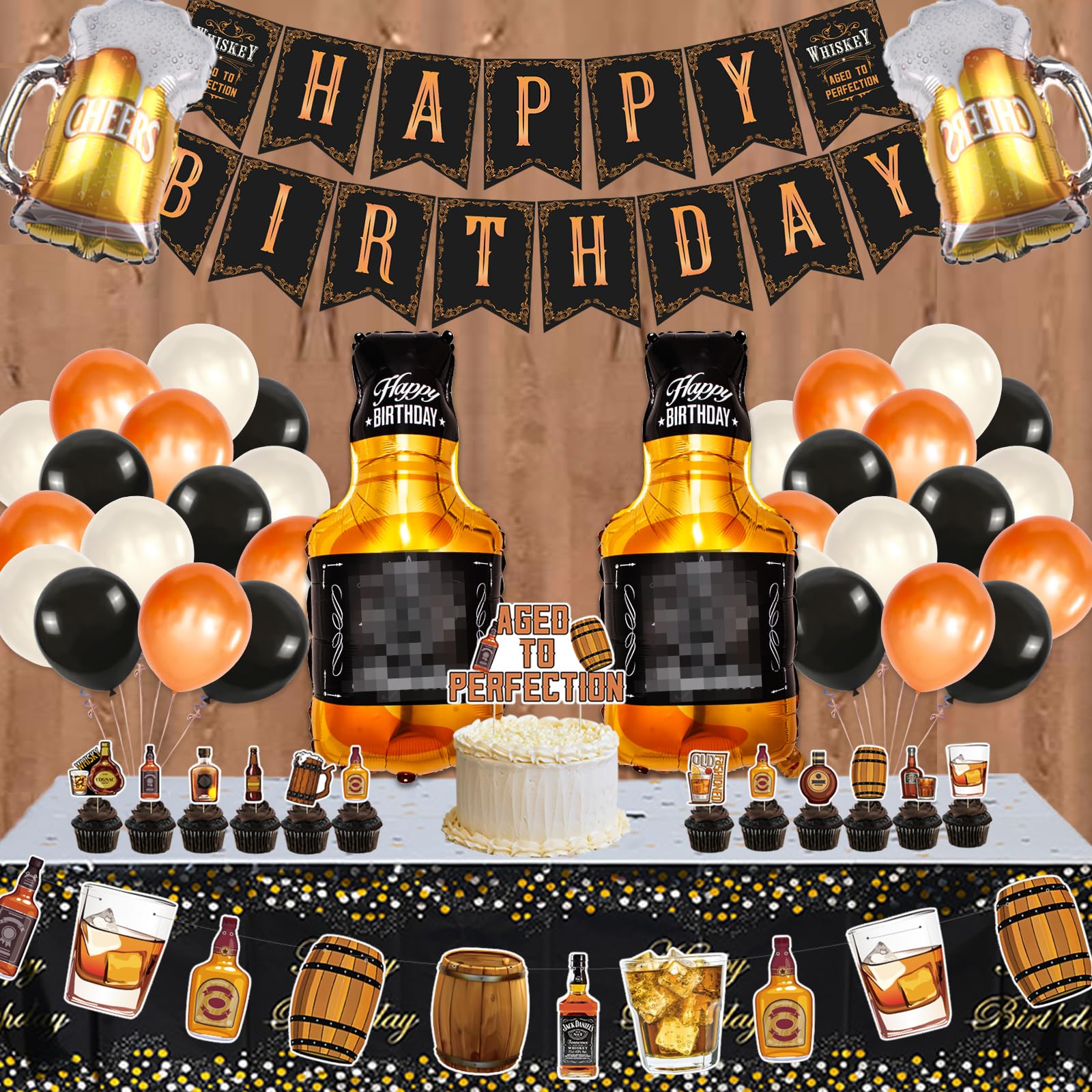 Whiskey Birthday Party Decorations for Men - Aged to Perfection Party Supplies Set with Banner, Garland, Tablecloth, Cake Toppers & Foil Balloons - Perfect for Dad's Whiskey Themed Celebration, 50th Birthday Party or Bourbon Lover's Event
