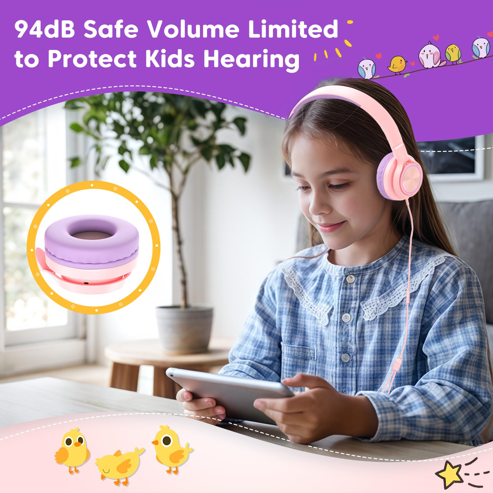 INFURTURE CH5 Kids Headphones with Mic - 94dB Volume Limit, USB-C & 3.5mm Wired On-Ear Headphones for Boys & Girls - Compatible with iPhone, Android, iPad, PC, Kindle - Perfect for School, Travel, Online Classes (Pink)