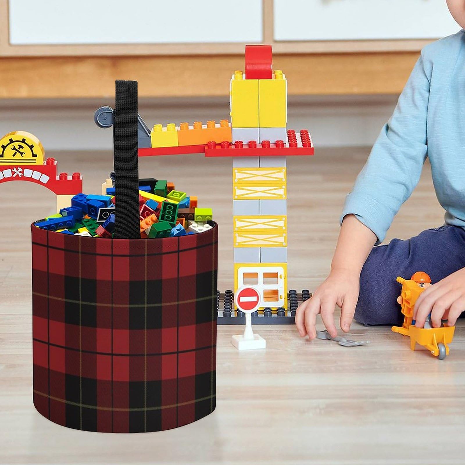Red and Black Plaid Print Toy Storage Drawstring Tote Bags | Collapsible Cinch Bucket for Kids' Building Blocks, Board Games & Toys Organization | Perfect for Playroom, Classroom & Travel Storage Solutions