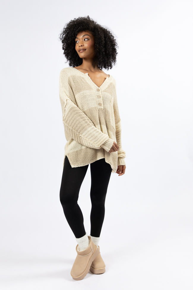 Best Beige Oversized Striped Henley Sweater for Women | Soft & Cozy Pullover | Casual Fall & Winter Fashion | Perfect for Layering, Coffee Dates & Weekend Outings