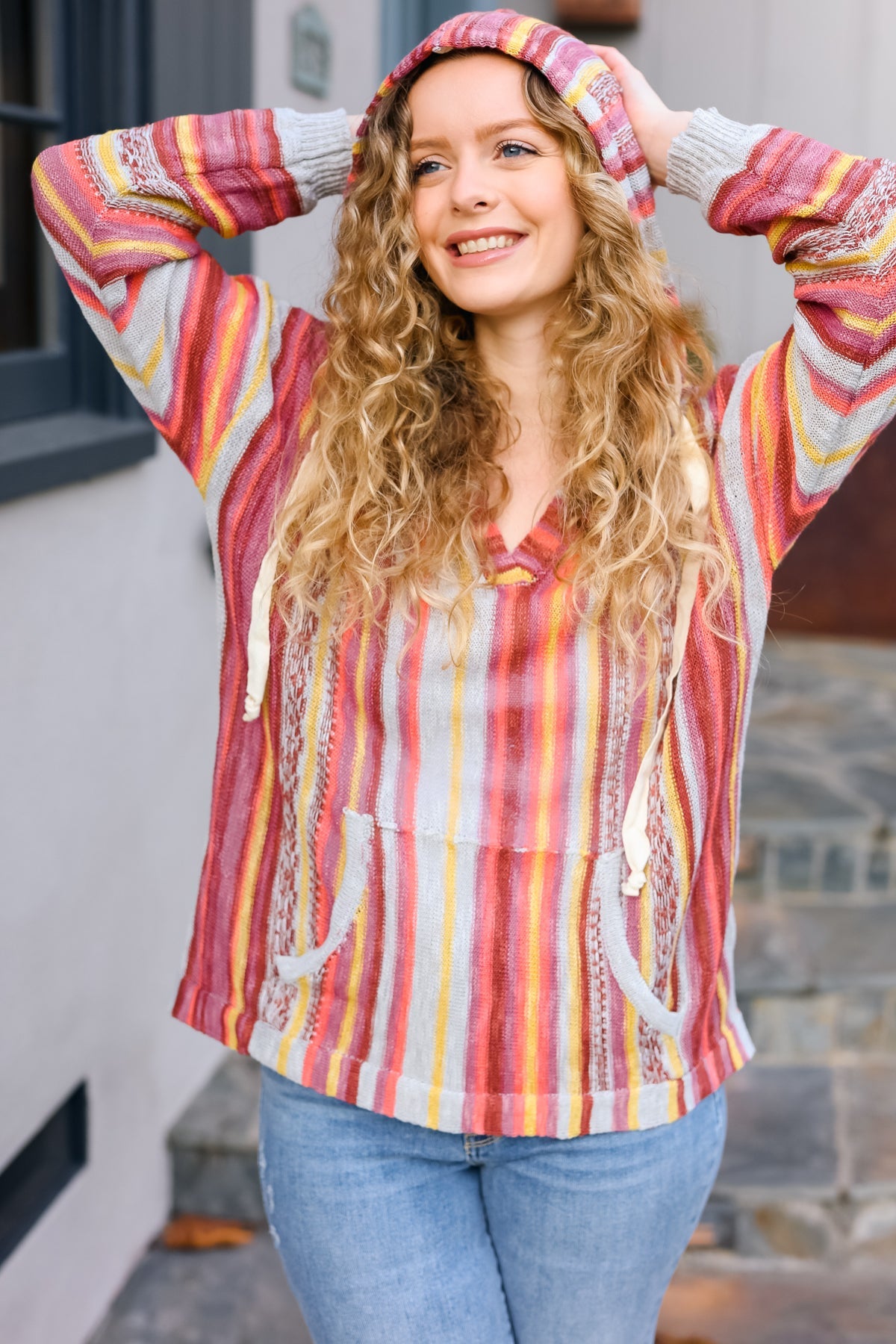 Be Bold Coral & Sienna Stripe Pullover Hoodie with Notched Neck | Women's Casual Sweatshirt for Fall Fashion, Streetwear & Cozy Loungewear