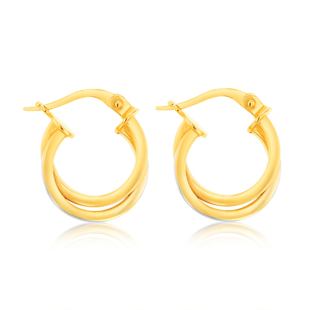 9ct Yellow and White Two Tone Gold Elongated Hoop Earrings for Women - Elegant Dangle Earrings for Party, Wedding & Everyday Wear