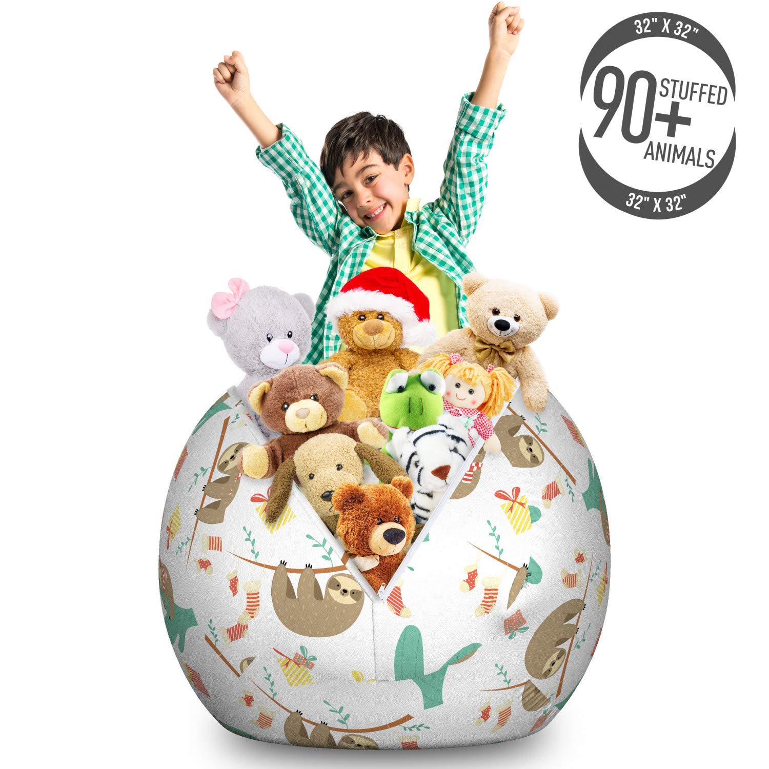 Ambesonne Christmas Storage Toy Bag Chair - Large Washable Stuffed Animal Organizer with Sloths Holiday Socks & Gift Boxes Pattern (Seafoam Dark Tan) - Perfect for Kids' Room, Holiday Decor & Toy Storage