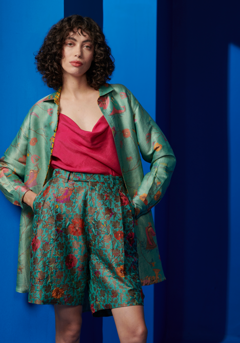 Elegant Oversized Silk Brocade Shirt in Aqua Blue - Perfect for Boho Chic Outfits & Special Occasions