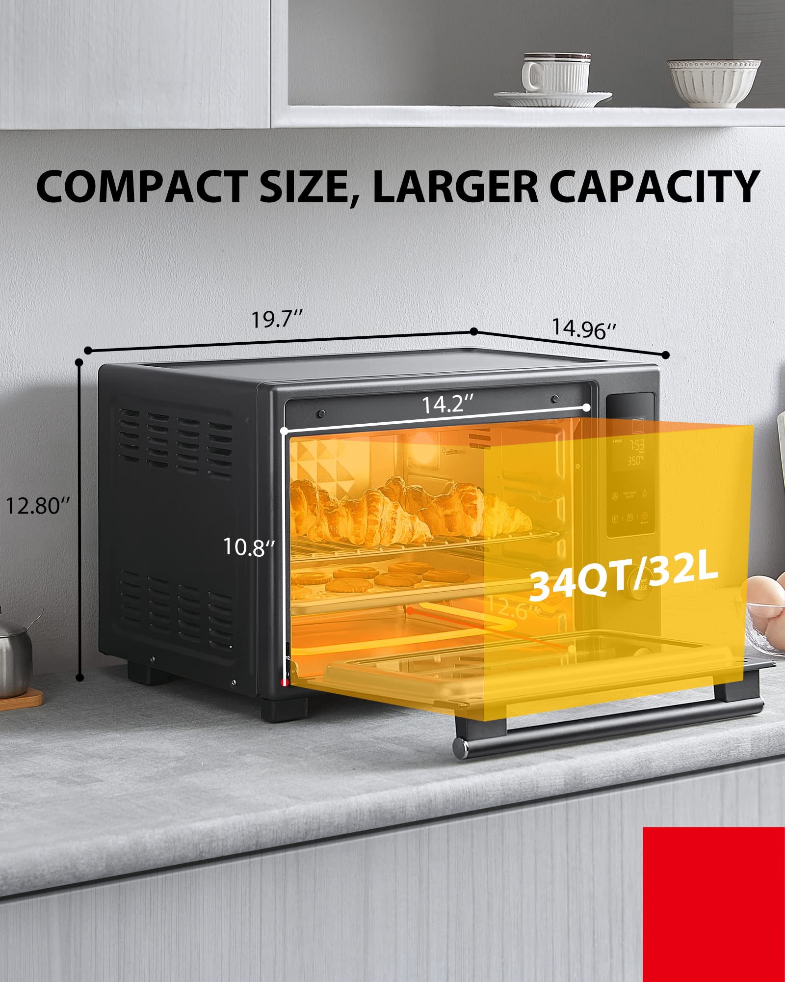 TOSHIBA 34QT/32L Large Convection Toaster Oven - 9-in-1 Countertop Oven with Rotisserie, Dehydrator & Crispy Roast Function | 1650W Black Stainless Steel Toaster Oven | Perfect for Baking, Roasting, Broiling & Meal Prep in Small Kitchens
