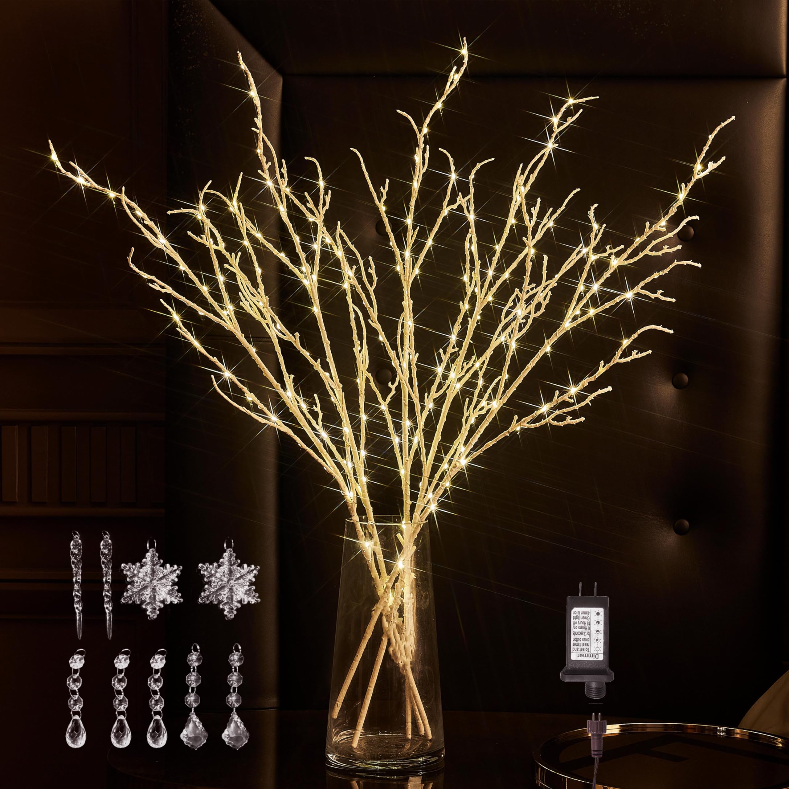 BAOLITVINE 32IN Lighted White Twig Branches with 200 Warm White LED Fairy Lights, Plug-in Willow Branches with Timer & Dimmer - Perfect for Home, Bedroom, Fireplace, Christmas Decor (Indoor/Outdoor Use)