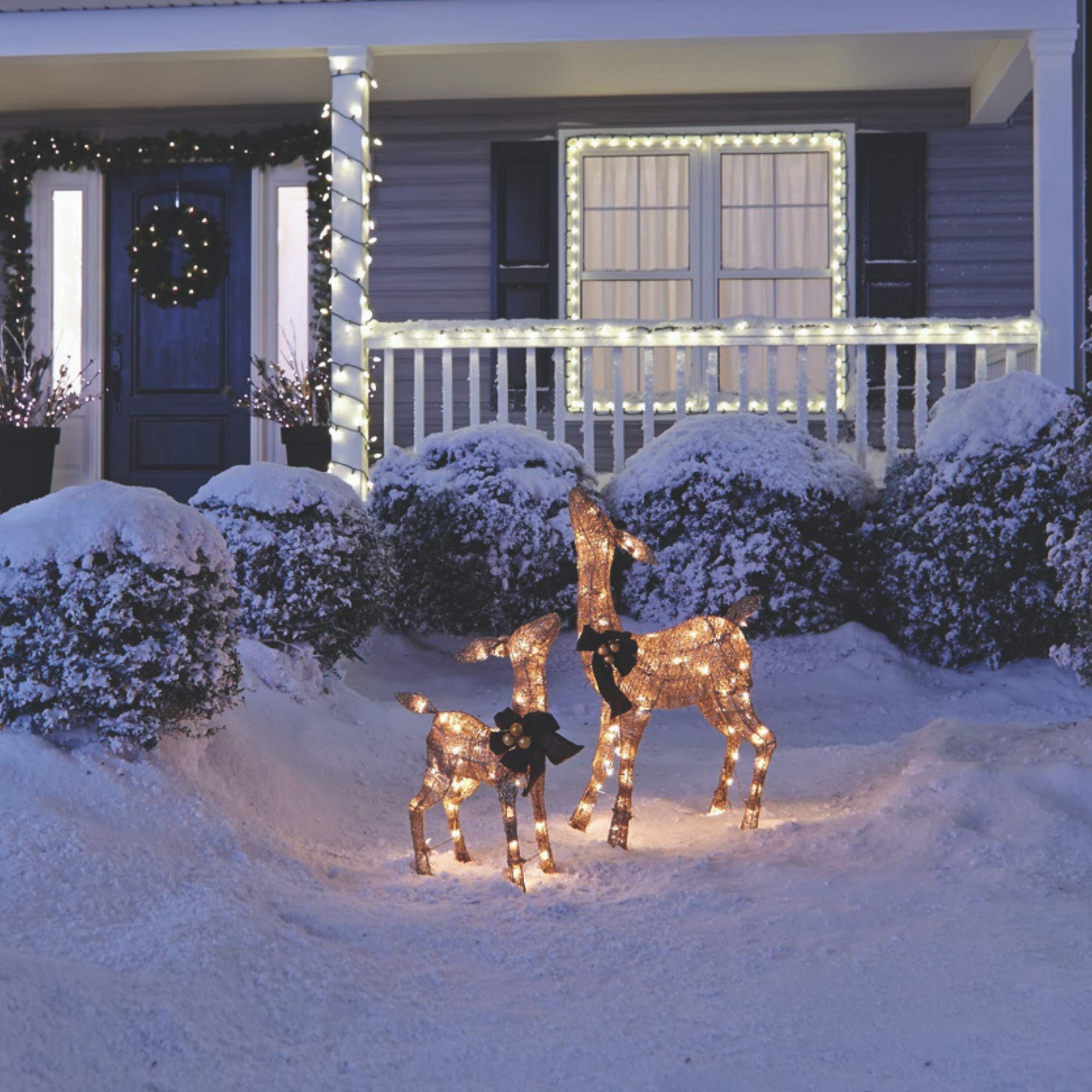 2.8 Ft Pre-Lit LED Christmas Deer Outdoor Yard Decor with Warm White Lights - Metal Holiday Decoration with Gold Finish & Red Bows | Perfect for Front Lawn, Garden, Porch & Christmas Party Decorations