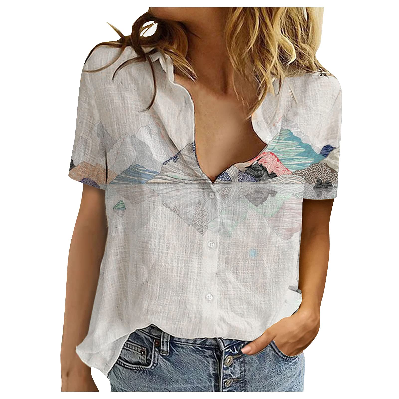 Women's Fashion Button Down V-Neck Short Sleeve Collared Blouse with Pockets - Casual Office Wear & Summer Outfit Essential