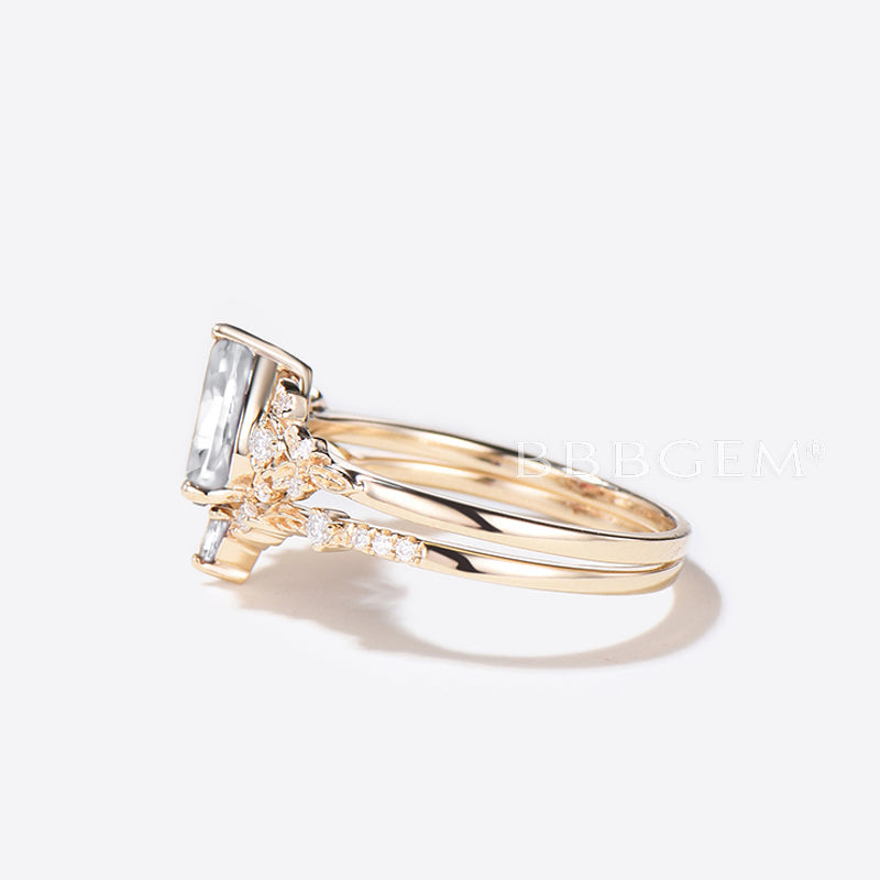 IGI Certified Pear Lab Grown Diamond Engagement Ring - 14k Gold Floral Leaf Wedding Band Set for Bridal, Anniversary & Special Occasions