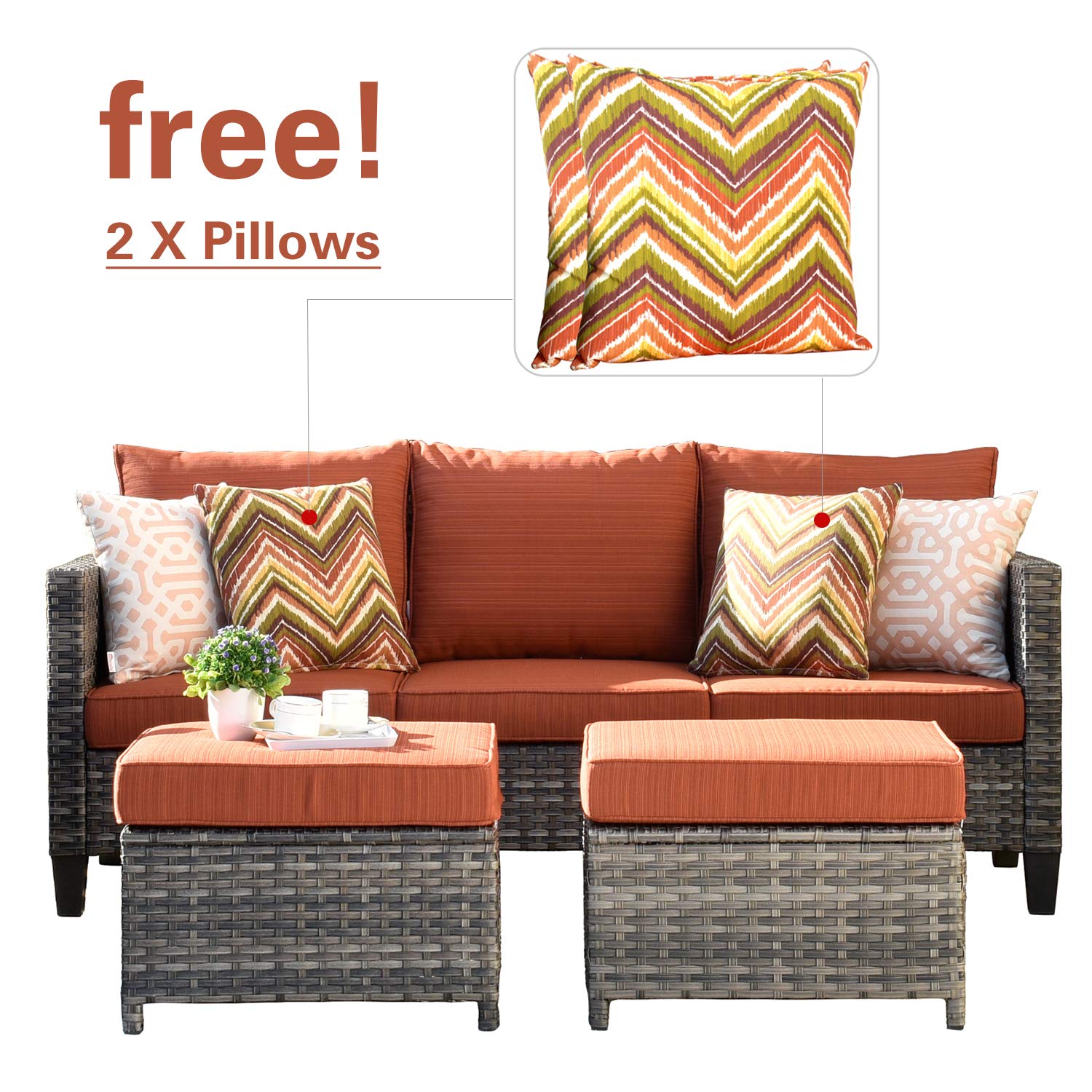 Weather-Resistant Outdoor Patio Sofa Set with 2 Ottomans & 2 Pillows - Deep Seating Wicker Couch for Balcony, Porch, Backyard - Perfect for Relaxing, Entertaining & Outdoor Lounging (Orange Red)