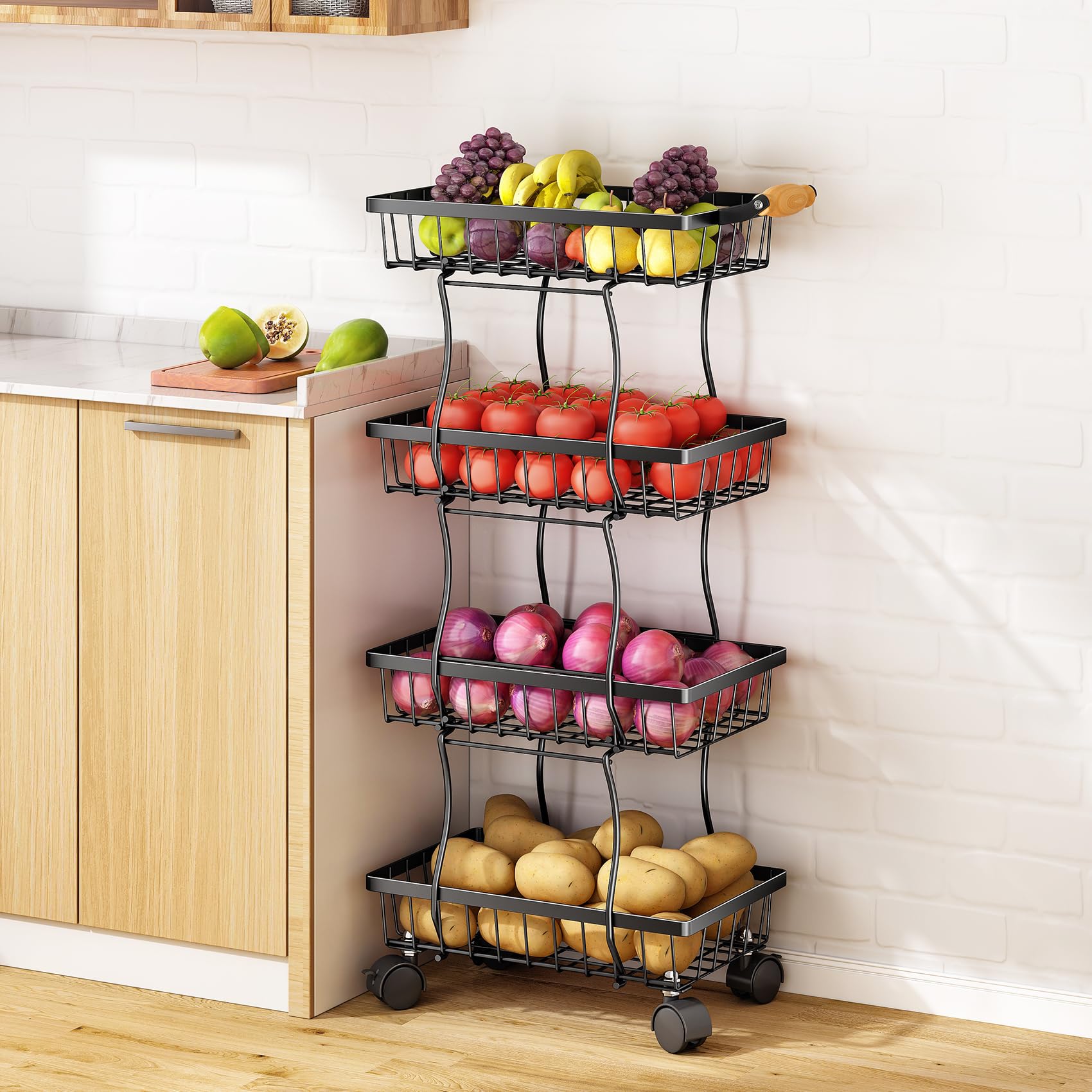 4-Tier Stackable Metal Wire Basket Organizer for Kitchen Pantry - Fruit, Vegetable, Snacks, Jars Storage | Space-Saving Home Organization for Countertop, Cabinet, or Refrigerator | Black
