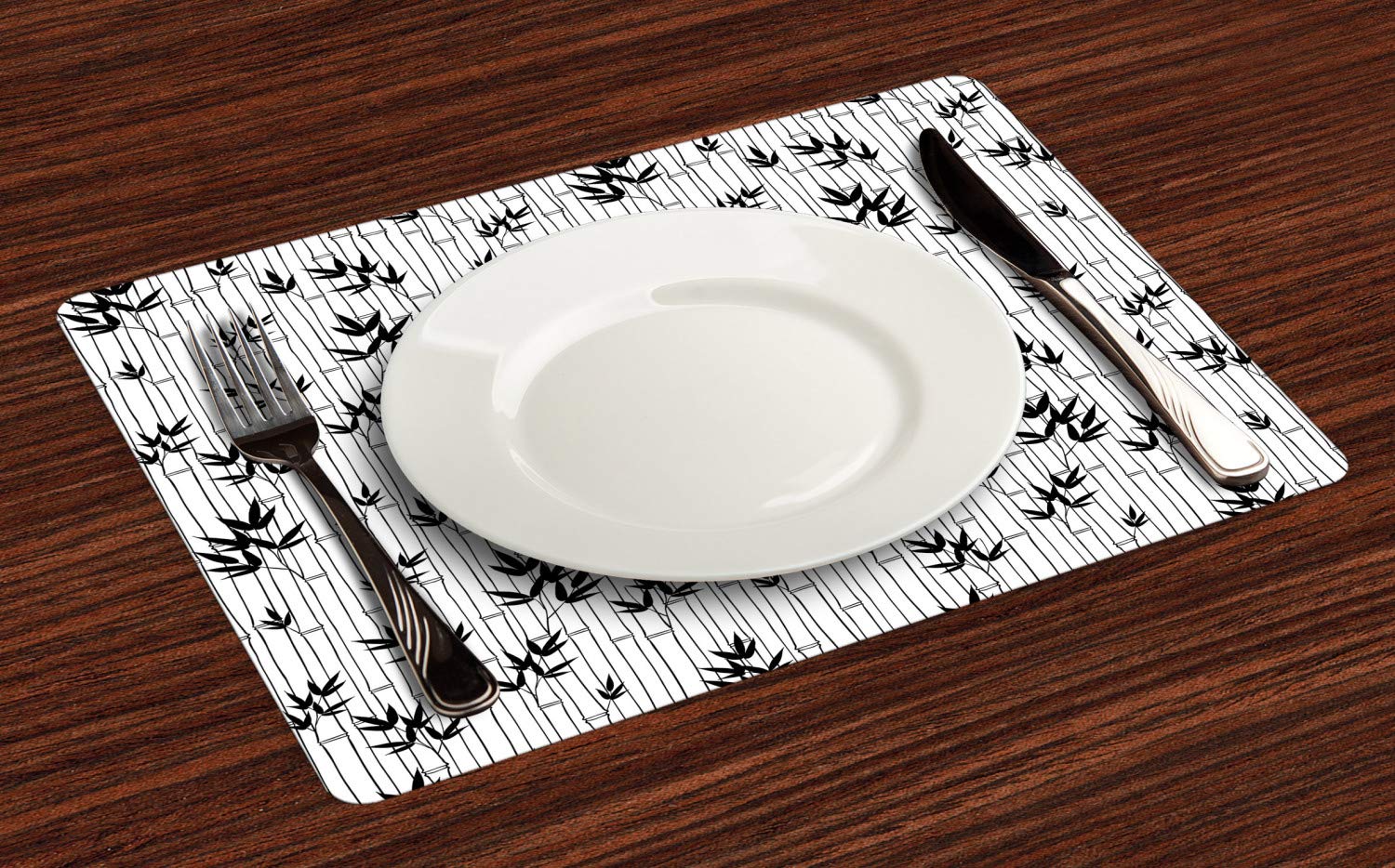 Ambesonne Asian Boho Place Mats Set of 4 - Japanese Forest Leaf Print Washable Fabric Table Mats for Dining, Kitchen, and Home Decor - White & Black Monochrome Design - Perfect for Dinner Parties, Daily Meals, and Boho Style Home Styling