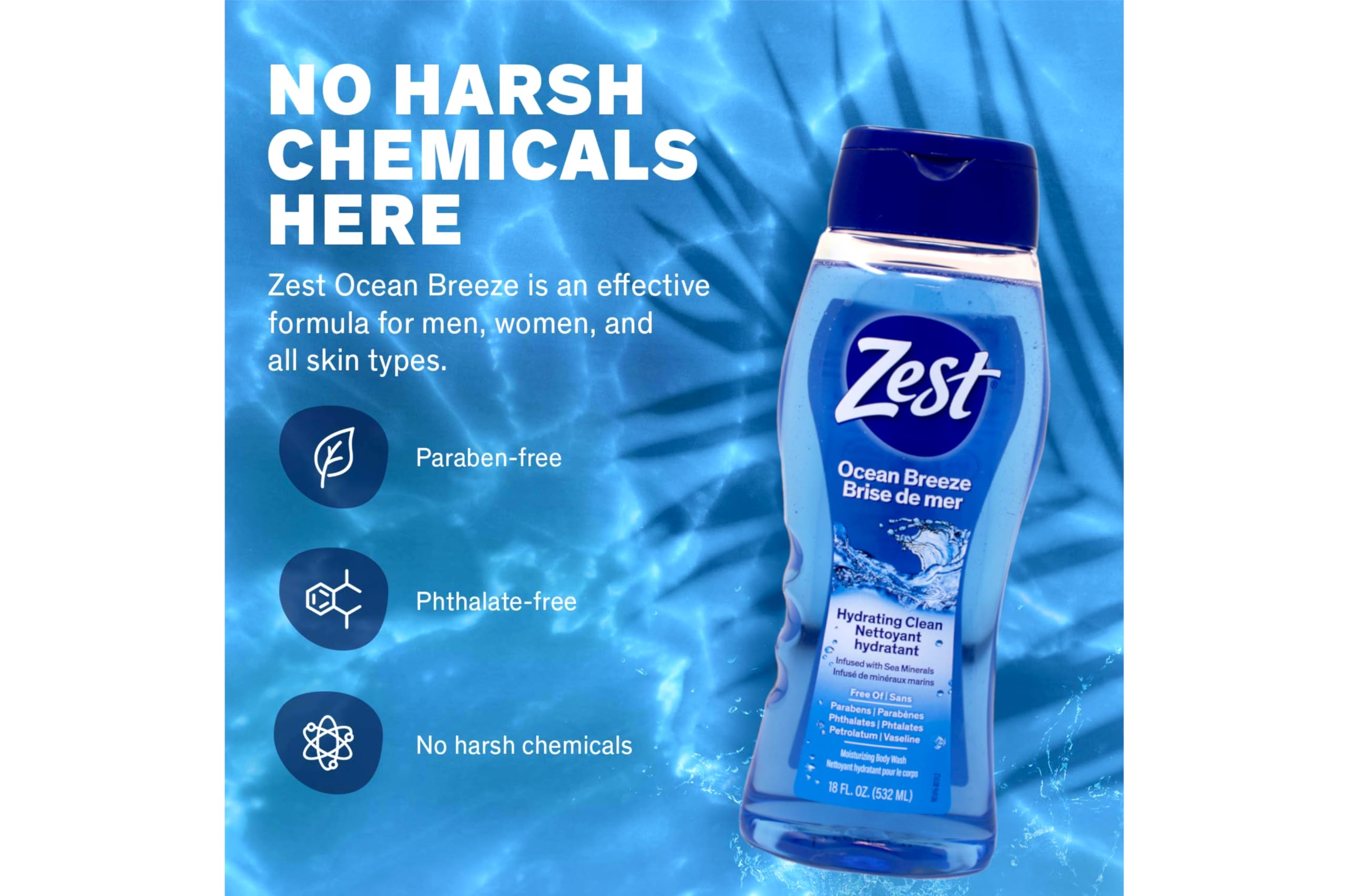 Zest Ocean Breeze Body Wash with Sea Minerals - Deep Cleansing & Moisturizing Shower Gel for Soft Smooth Skin - Refreshing Citrus Scent - 18 Fl Oz (Pack of 6) - Perfect for Daily Shower, Spa Day & Gym Bag Essential