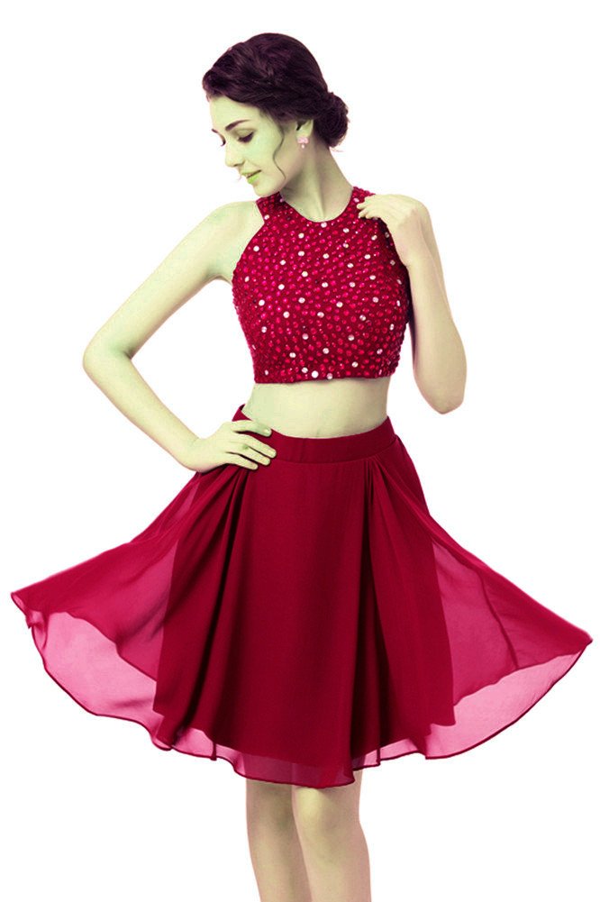 Emanni Women's Crystal Beaded Halter Two-Piece Homecoming Dress - Elegant Party Gown for Prom, Evening Events & Special Occasions