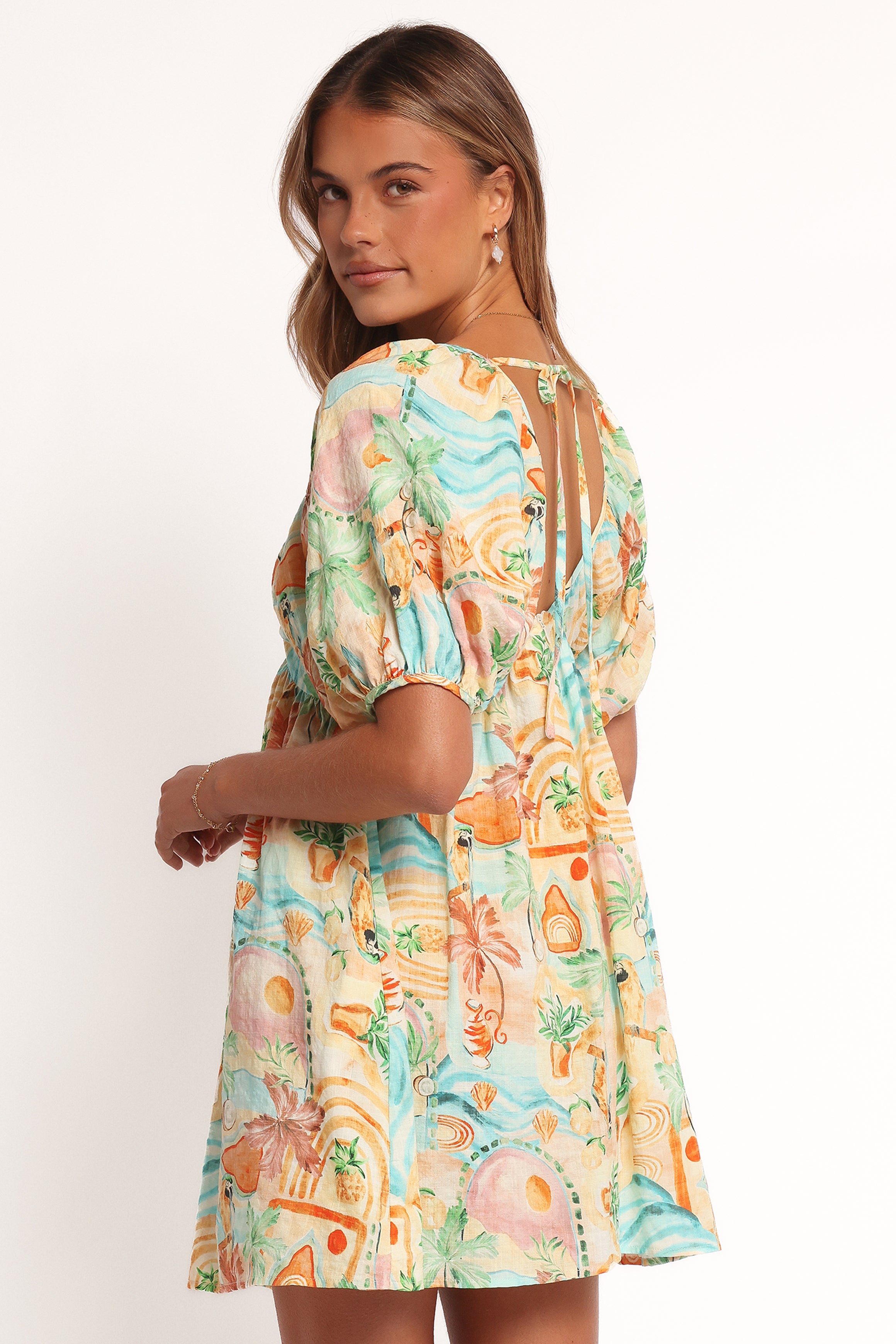 Cadhla Mini Dress - Elegant Golden Palm Print Summer Party Cocktail Dress for Women | Perfect for Beach Vacations, Date Nights & Special Occasions