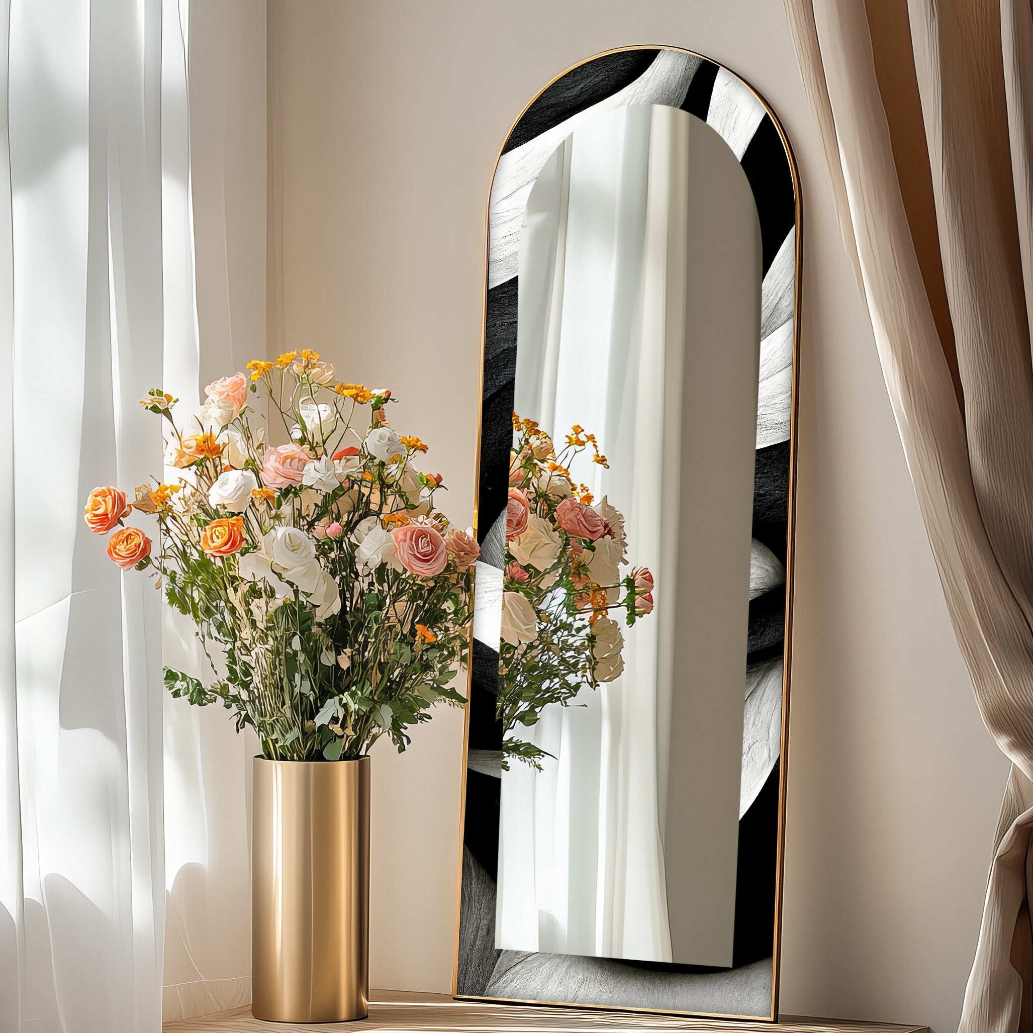 Black and White Wave Full Length Floor Mirror - Stylish Modern Decor for Bedroom, Living Room & Entryway