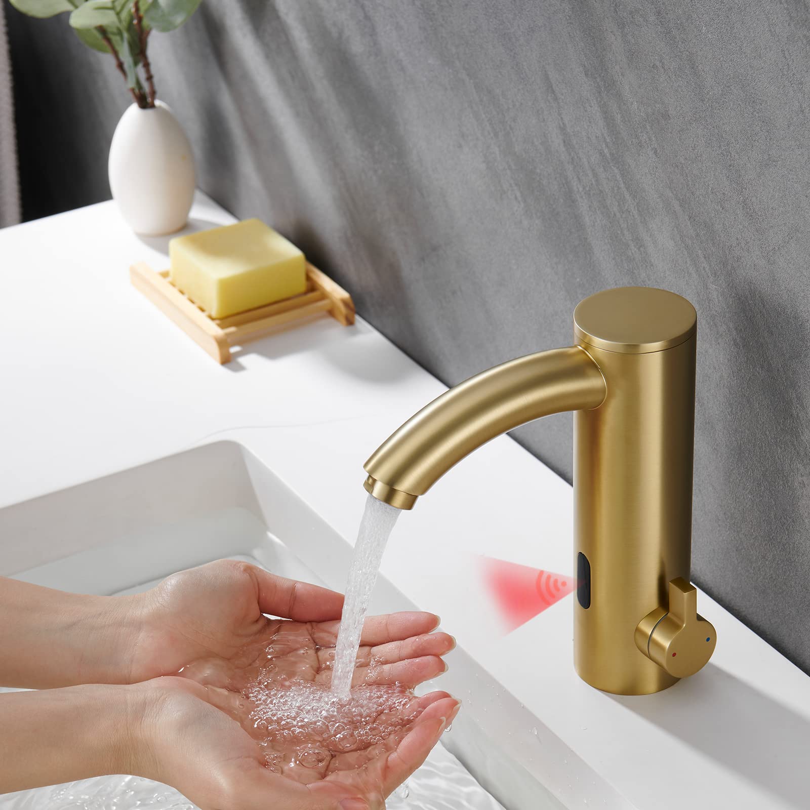 Touchless Bathroom Sink Faucet - Automatic Sensor Hands-Free Vanity Faucet with Temperature Mixer & Control Box, Chrome Gold Finish with Hole Cover Plate - Perfect for Modern Homes, Public Restrooms & Water-Saving Applications