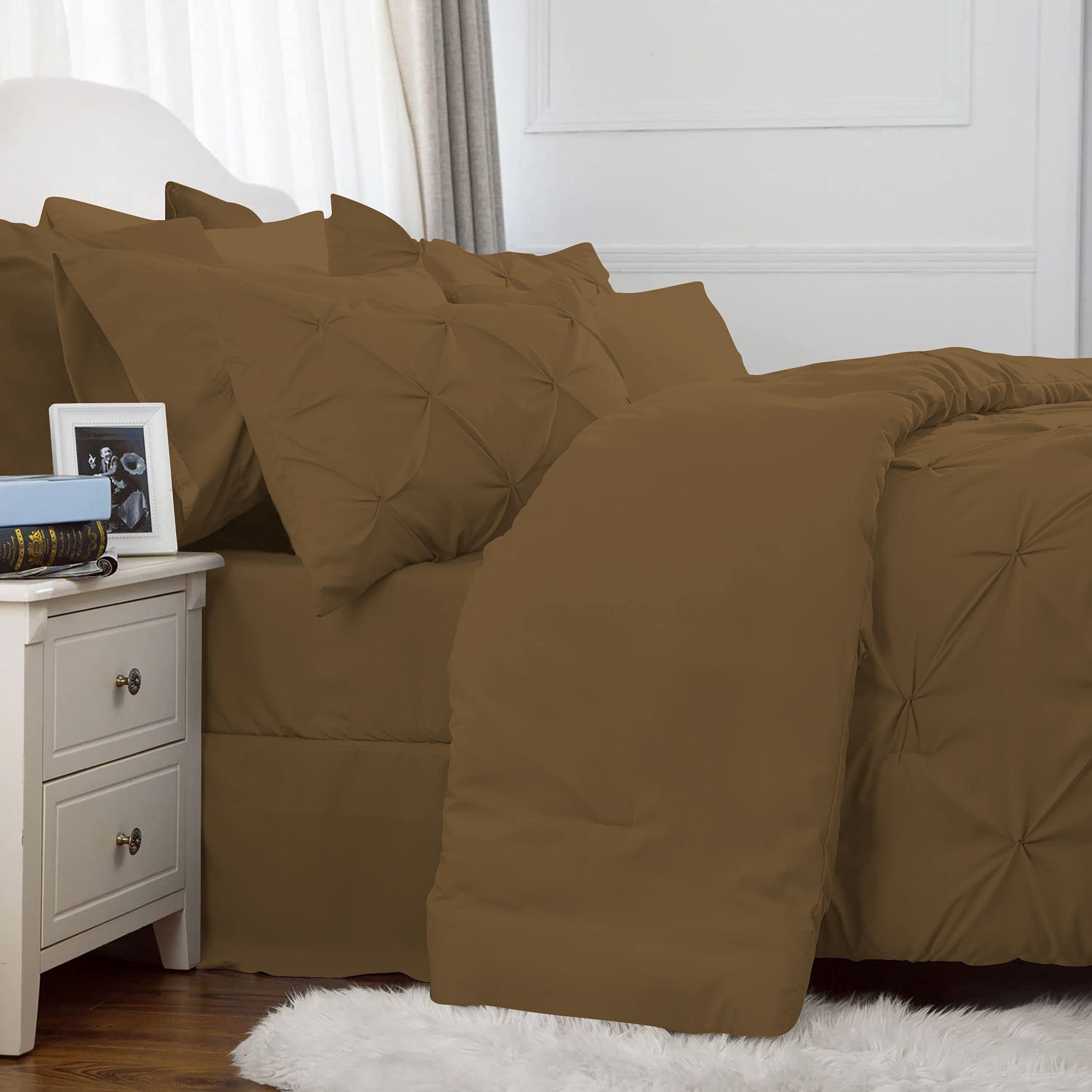 Luxury Pinch Pleated Comforter Set King Size - 8 Piece Pintuck Bedding Set with Comforter, Sheets, Bed Skirt, Pillowcases & Shams - 18