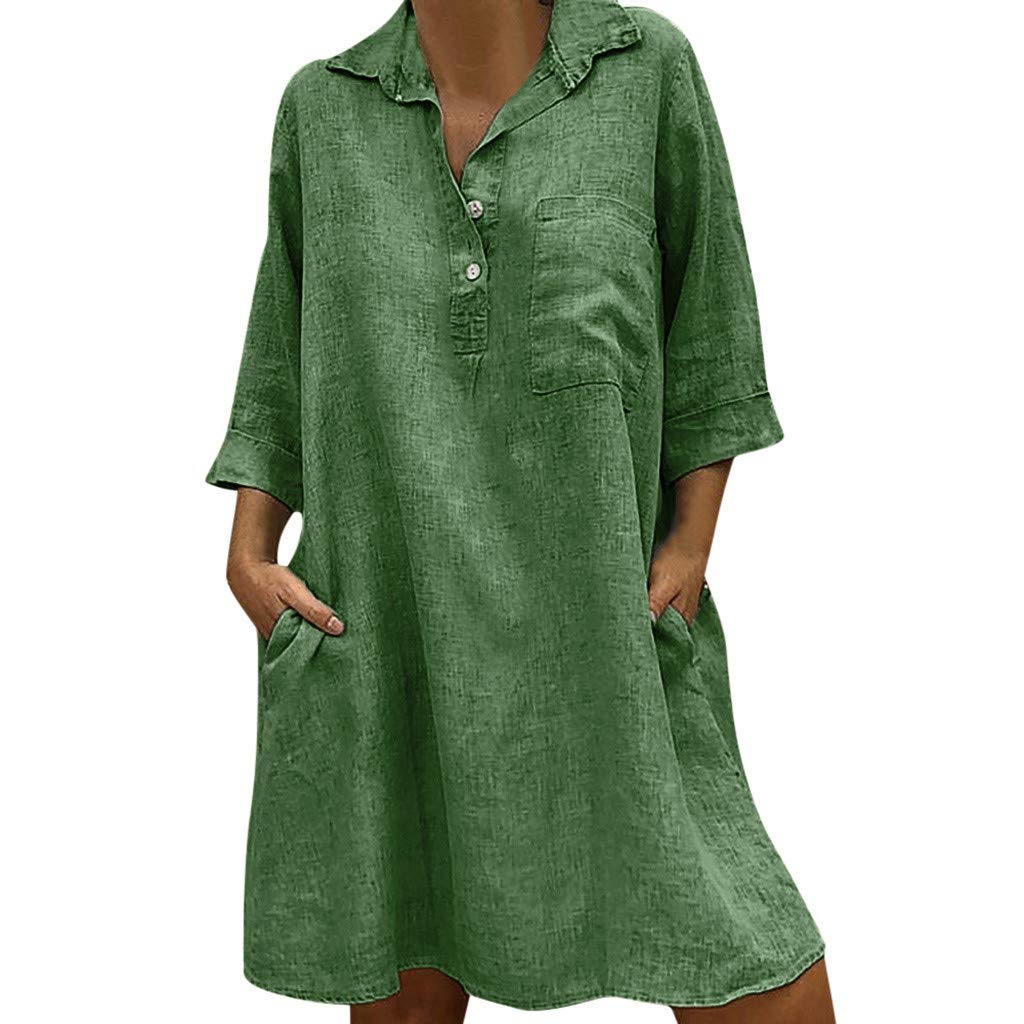 aihihe Women's Knee-Length T-Shirt Dress - 3/4 Sleeve Summer Cotton Linen Casual Dress with Pockets | Perfect for Beach Outings, Weekend Brunch & Everyday Wear