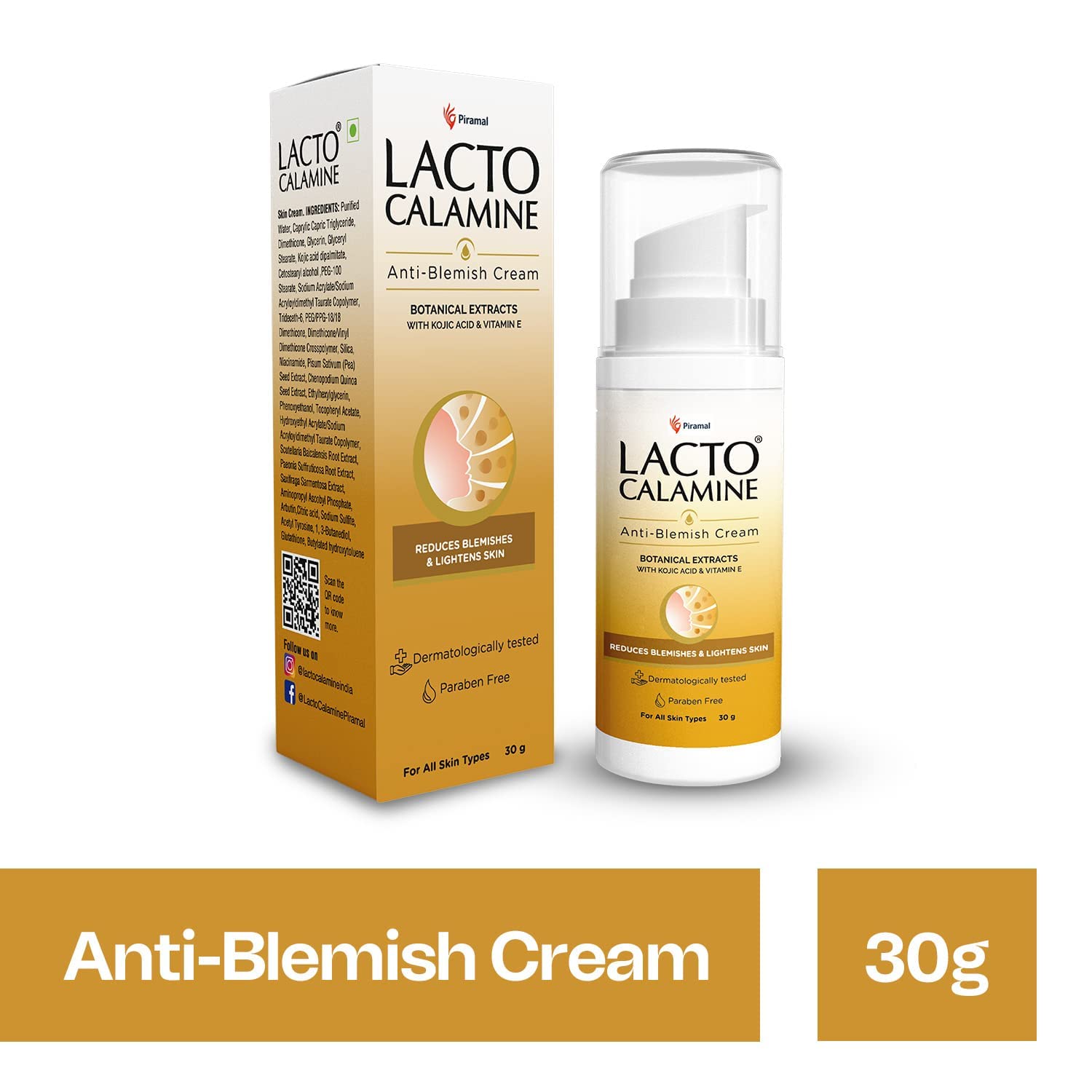 Lacto Calamine Anti Blemish Face Cream 30g - Kojic Acid, Botanical Extracts & Vitamin E for Blemish Reduction & Skin Lightening - Fades Acne Marks & Spots - Paraben-Free, Dermatologist Tested - Perfect for Daily Skincare & Acne-Prone Skin