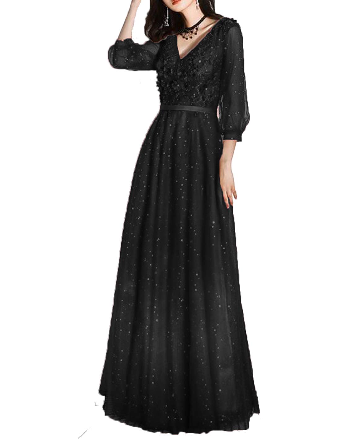 Gricharim Women's Long Sleeve Applique Lace Prom Dress 2020 - Elegant Tulle Shiny Evening Gown for Formal Events, Weddings & Special Occasions