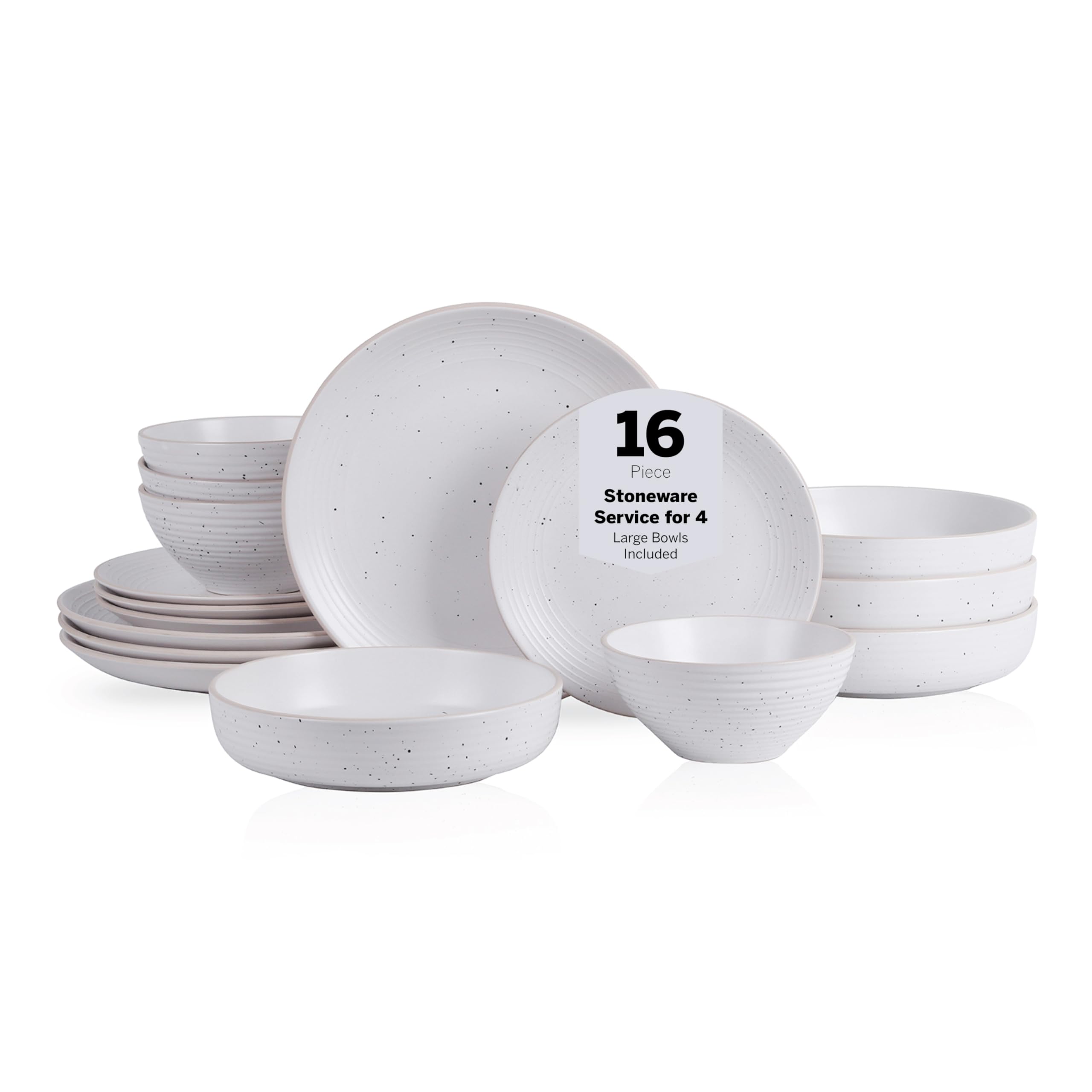 Lauren Modern Stoneware 16-Piece Round Dinnerware Set - Plates & Bowls for 4, Off White | Elegant Dinnerware for Family Meals, Entertaining & Everyday Dining
